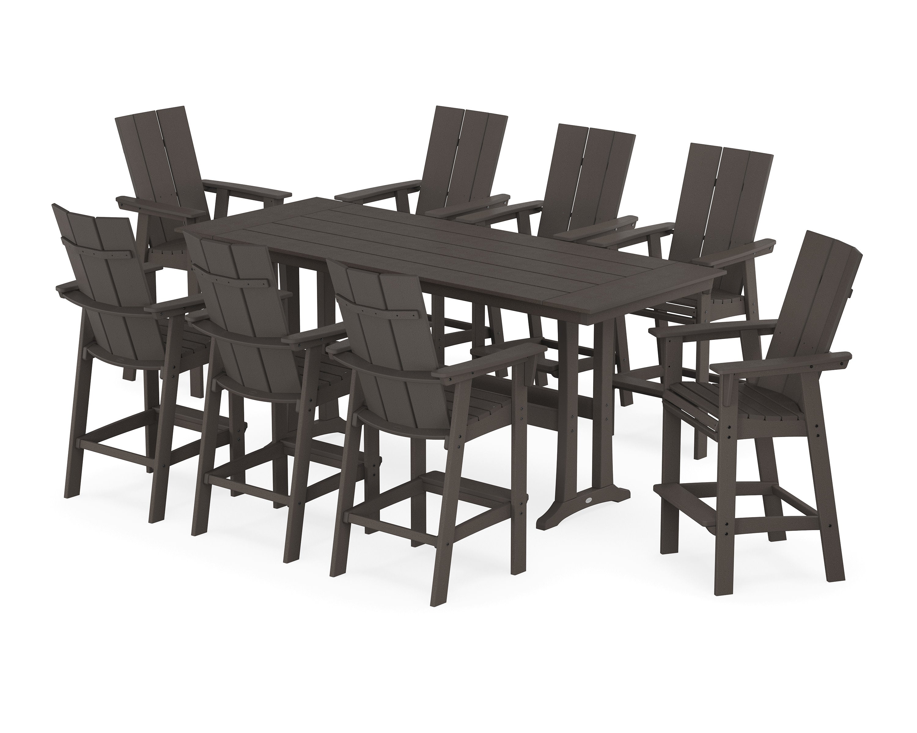 Modern Curveback Adirondack 9-Piece Farmhouse Bar Set with Trestle Legs in Vintage Coffee