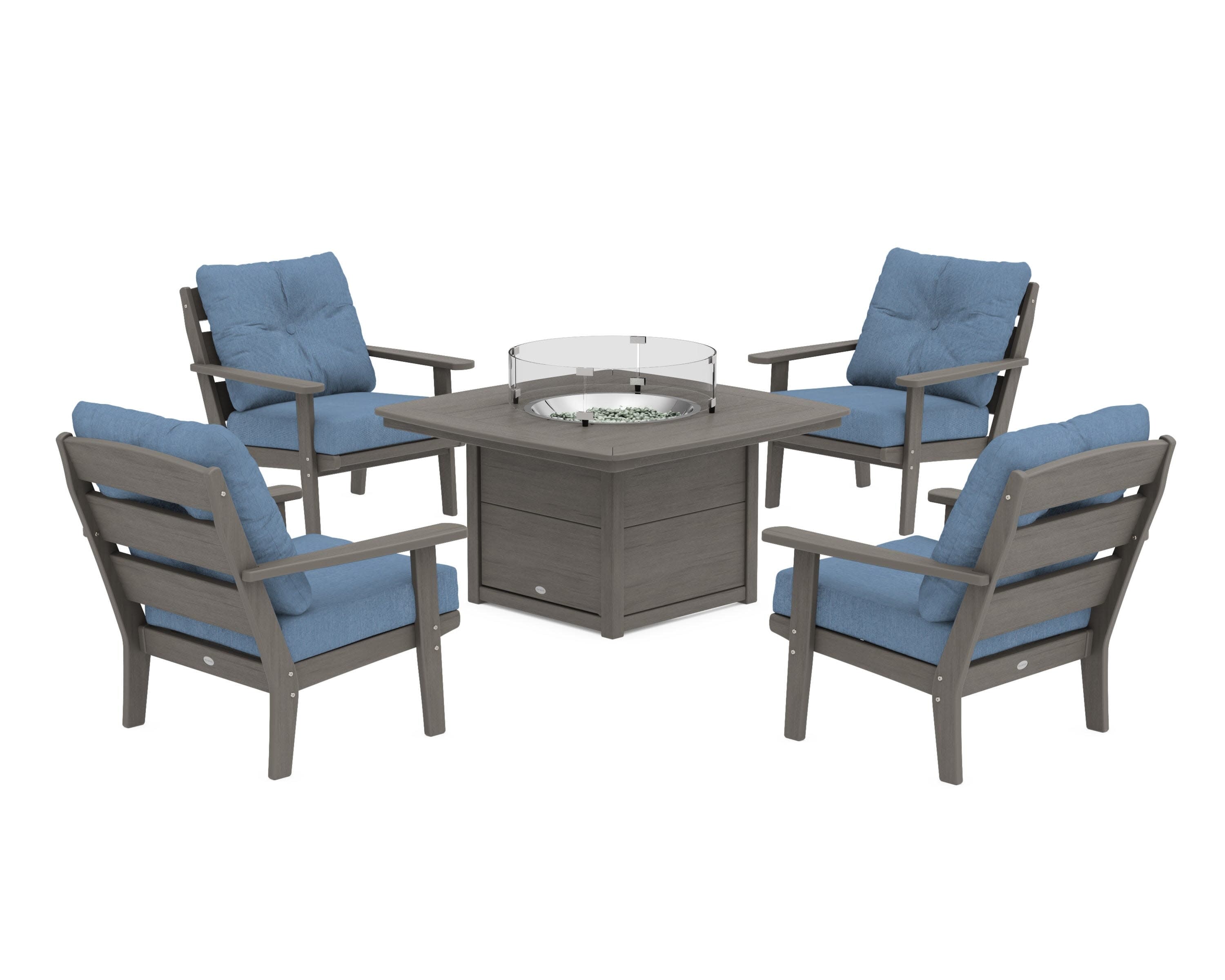 Lakeside 5-Piece Deep Seating Set with Nautical Fire Pit Table in Driftwood / Sky Blue