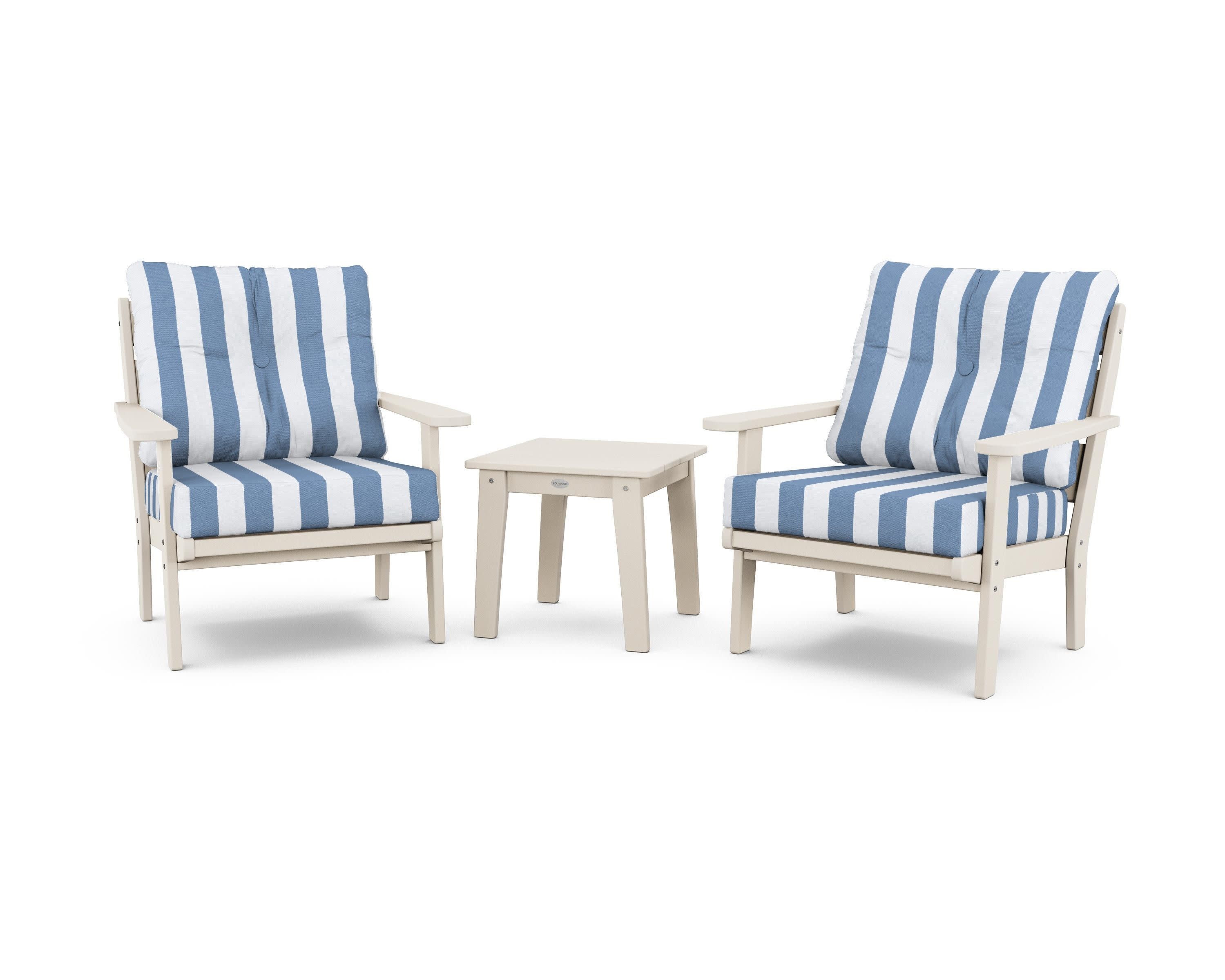 Lakeside 3-Piece Deep Seating Chair Set in Sand / Cabana Stripe Sky Blue