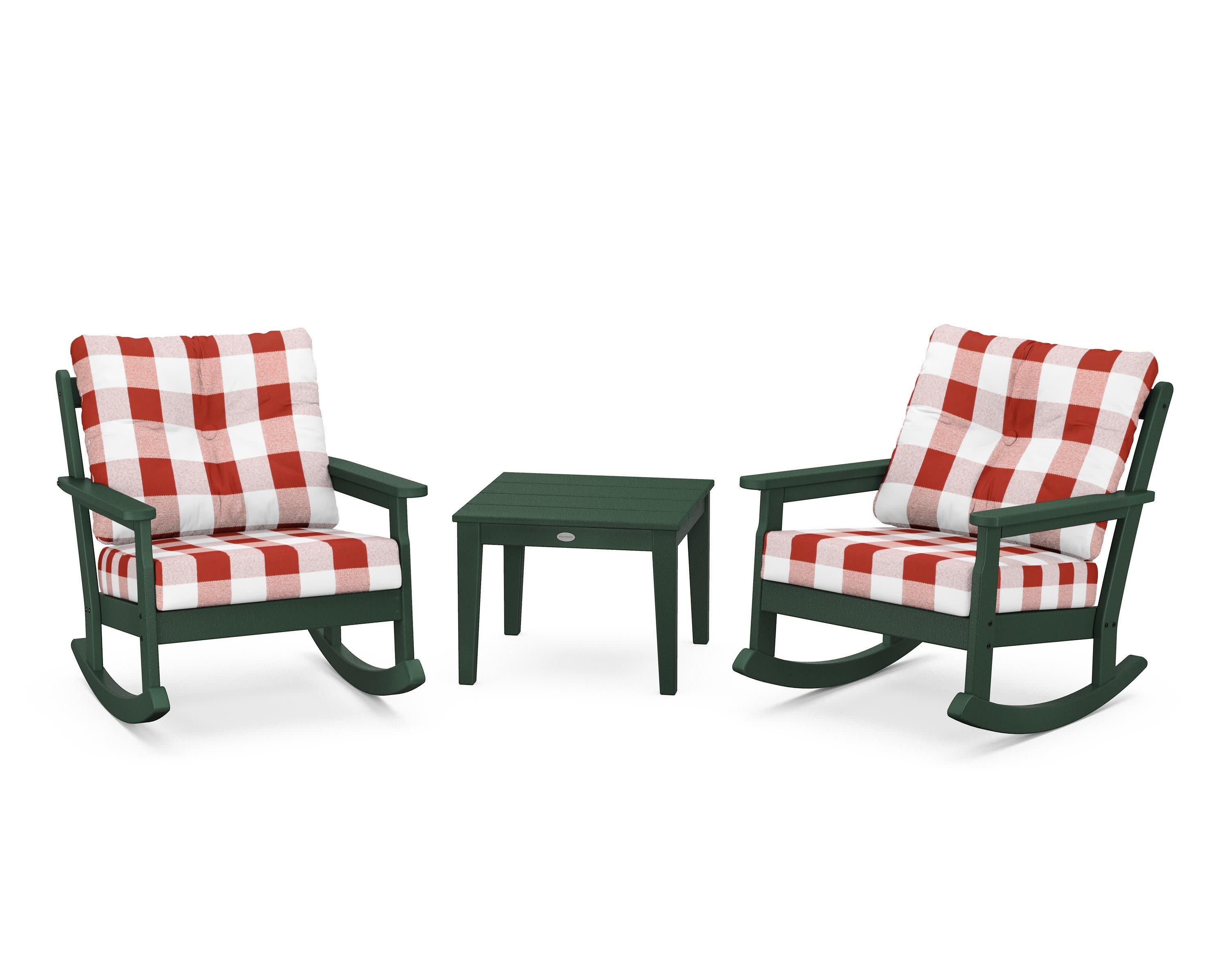 Vineyard 3-Piece Deep Seating Rocker Set in Green / Buffalo Plaid Crimson