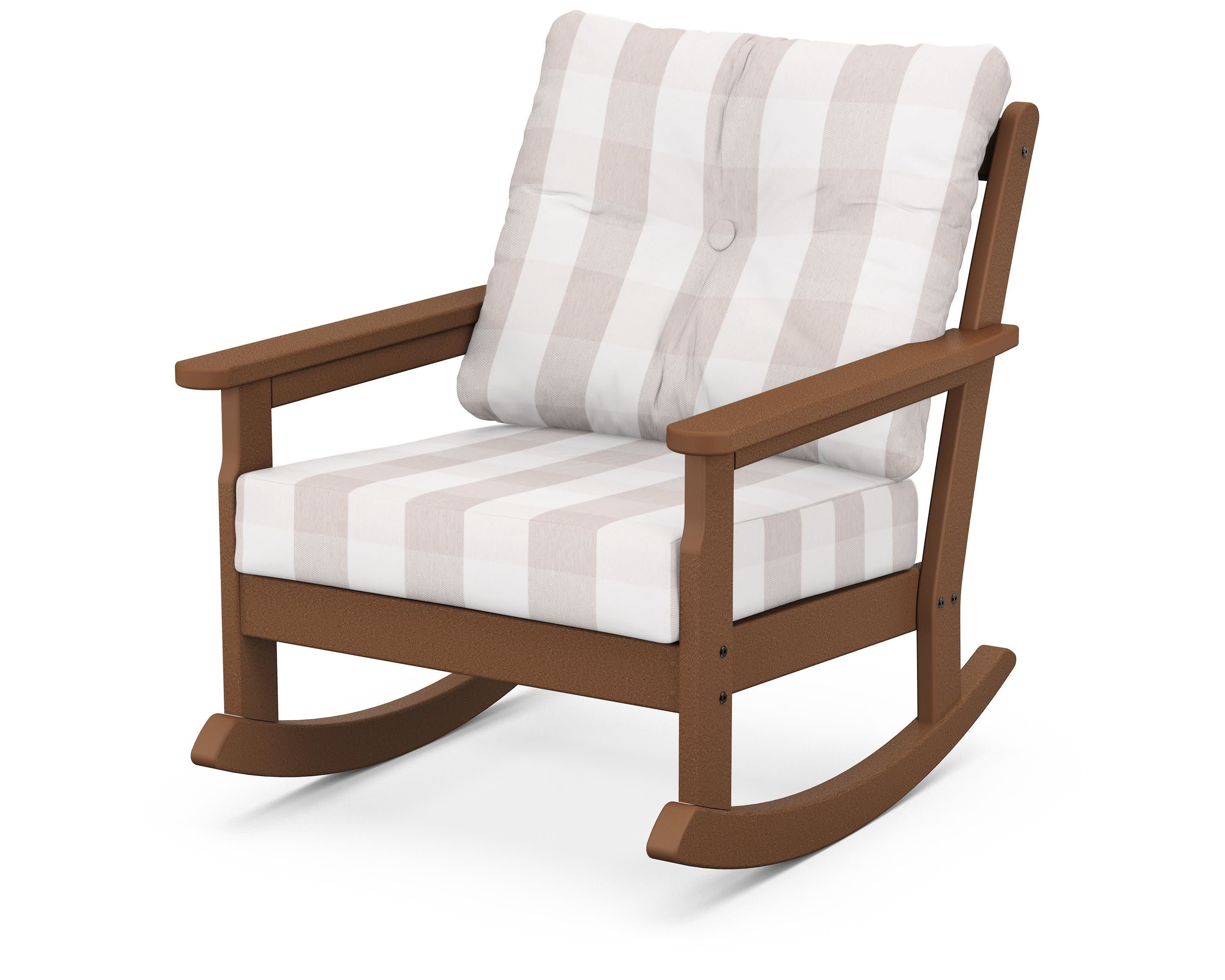 Vineyard Deep Seating Rocking Chair in Teak / Buffalo Plaid Dune Burlap