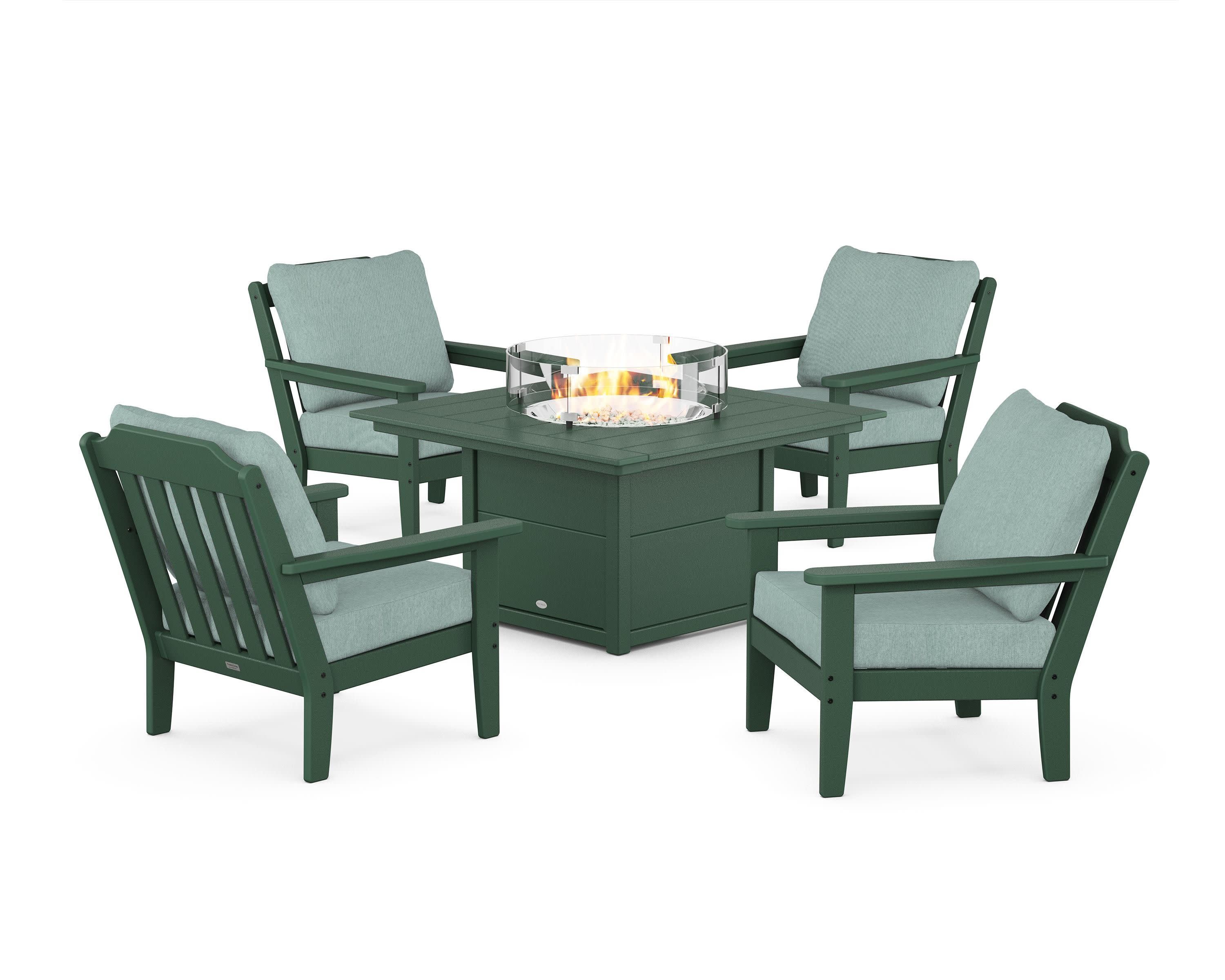 Cottage 5-Piece Deep Seating Set with Fire Pit Table in Green / Glacier Spa