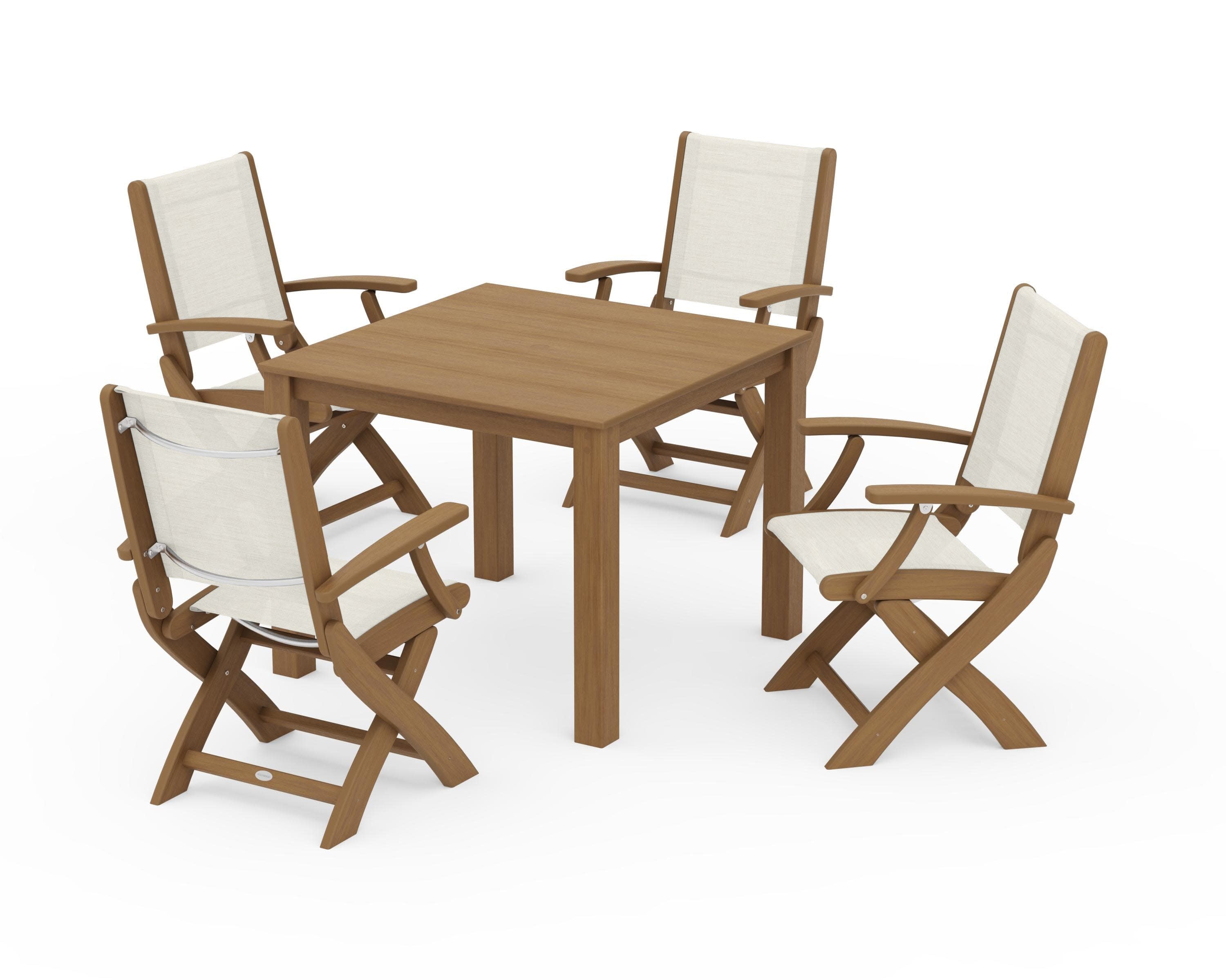 Coastal Folding Chair 5-Piece Parsons Dining Set in Natural / Parchment Sling
