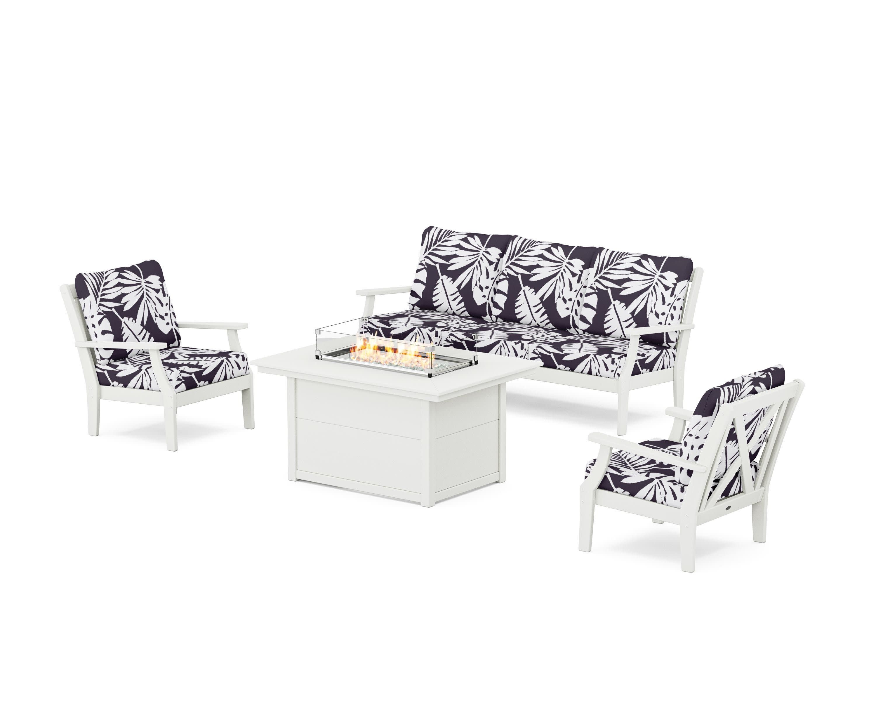Braxton Deep Seating Fire Pit Table Set in Vintage White / Leaf Navy
