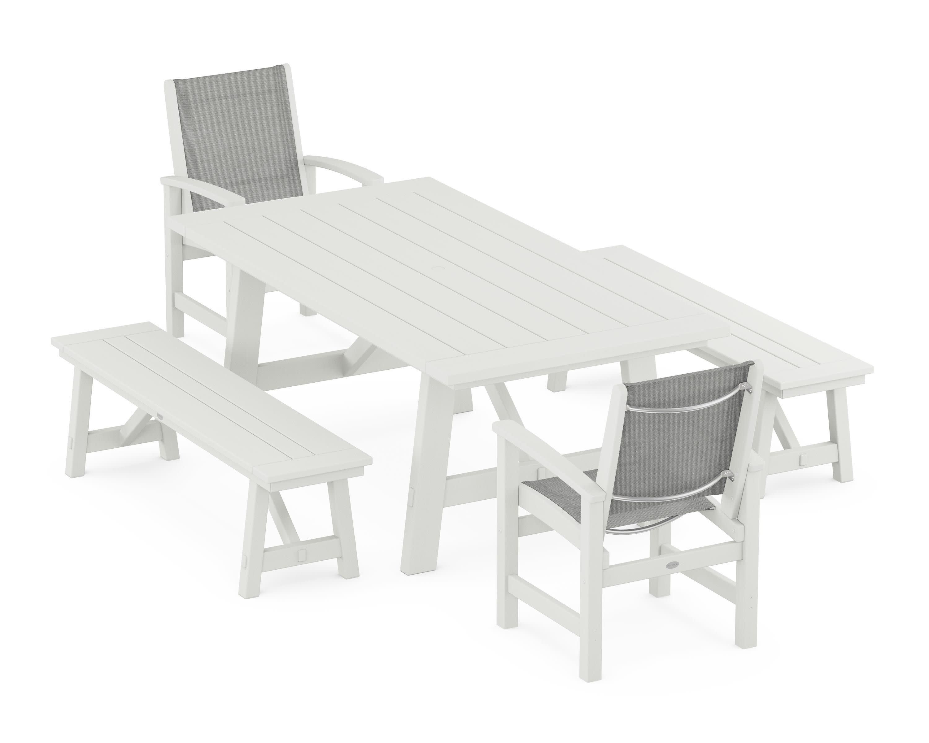 Coastal 5-Piece Rustic Farmhouse Dining Set With Benches in Vintage White / Metallic Sling