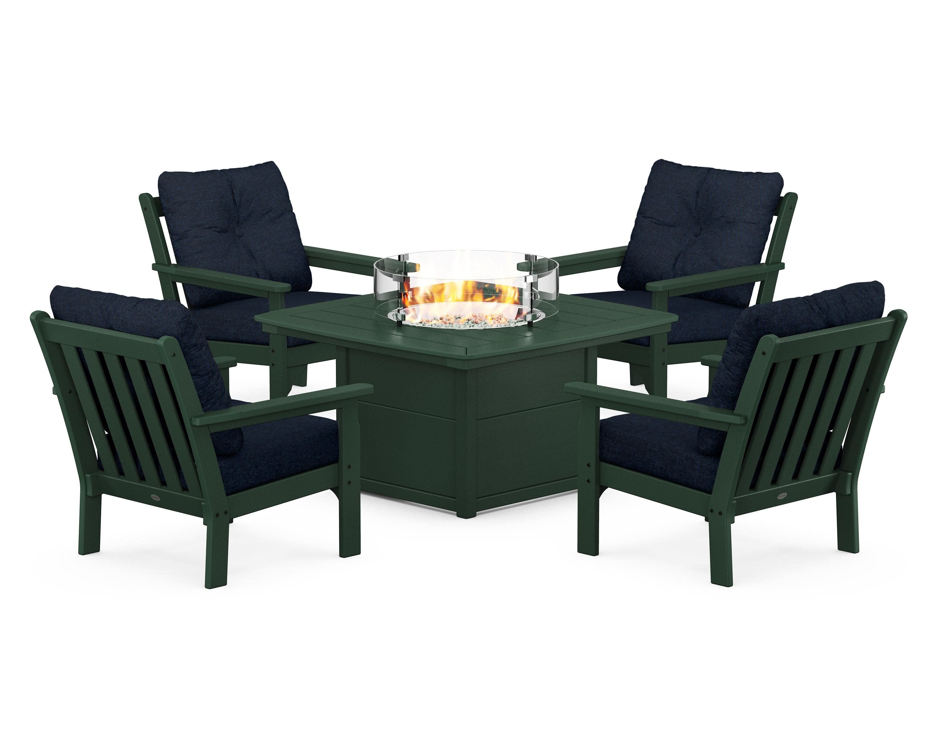 Vineyard 5-Piece Conversation Set with Fire Pit Table in Green / Marine Indigo