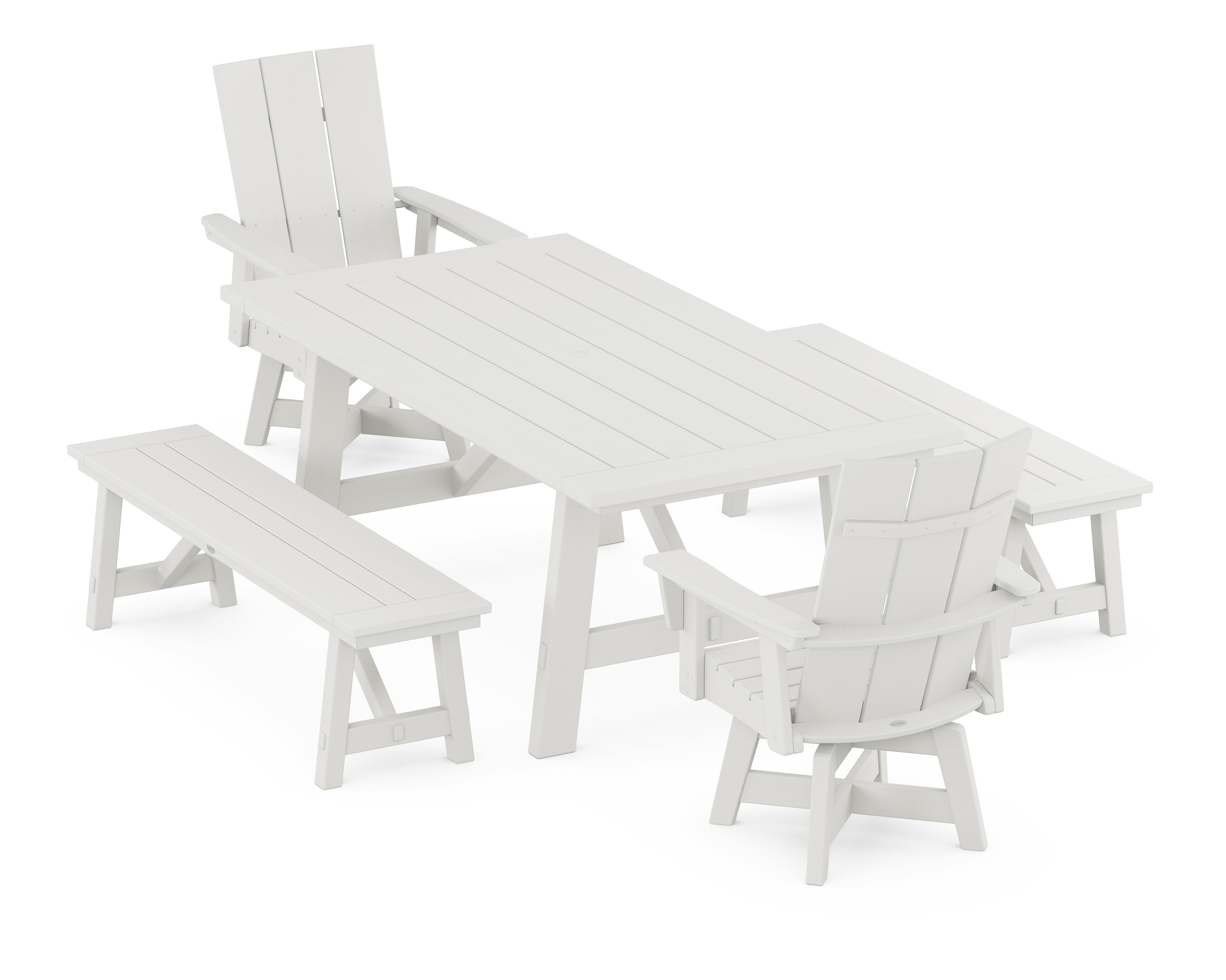 Modern Curveback Adirondack Swivel Chair 5-Piece Rustic Farmhouse Dining Set With Benches in Vintage White