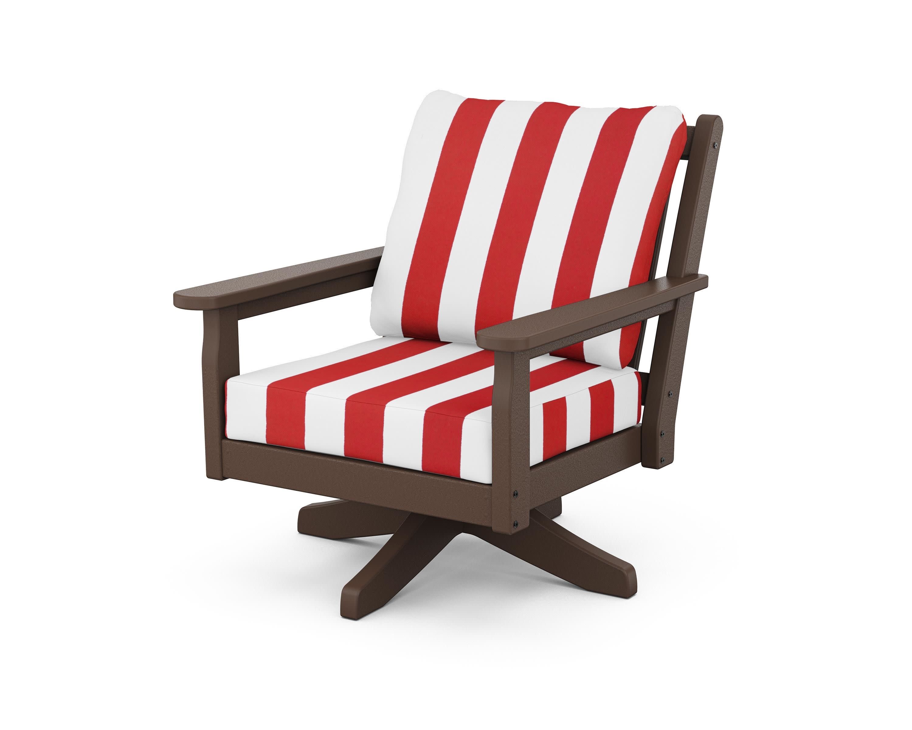 Chippendale Deep Seating Swivel Chair in Mahogany / Cabana Stripe Crimson