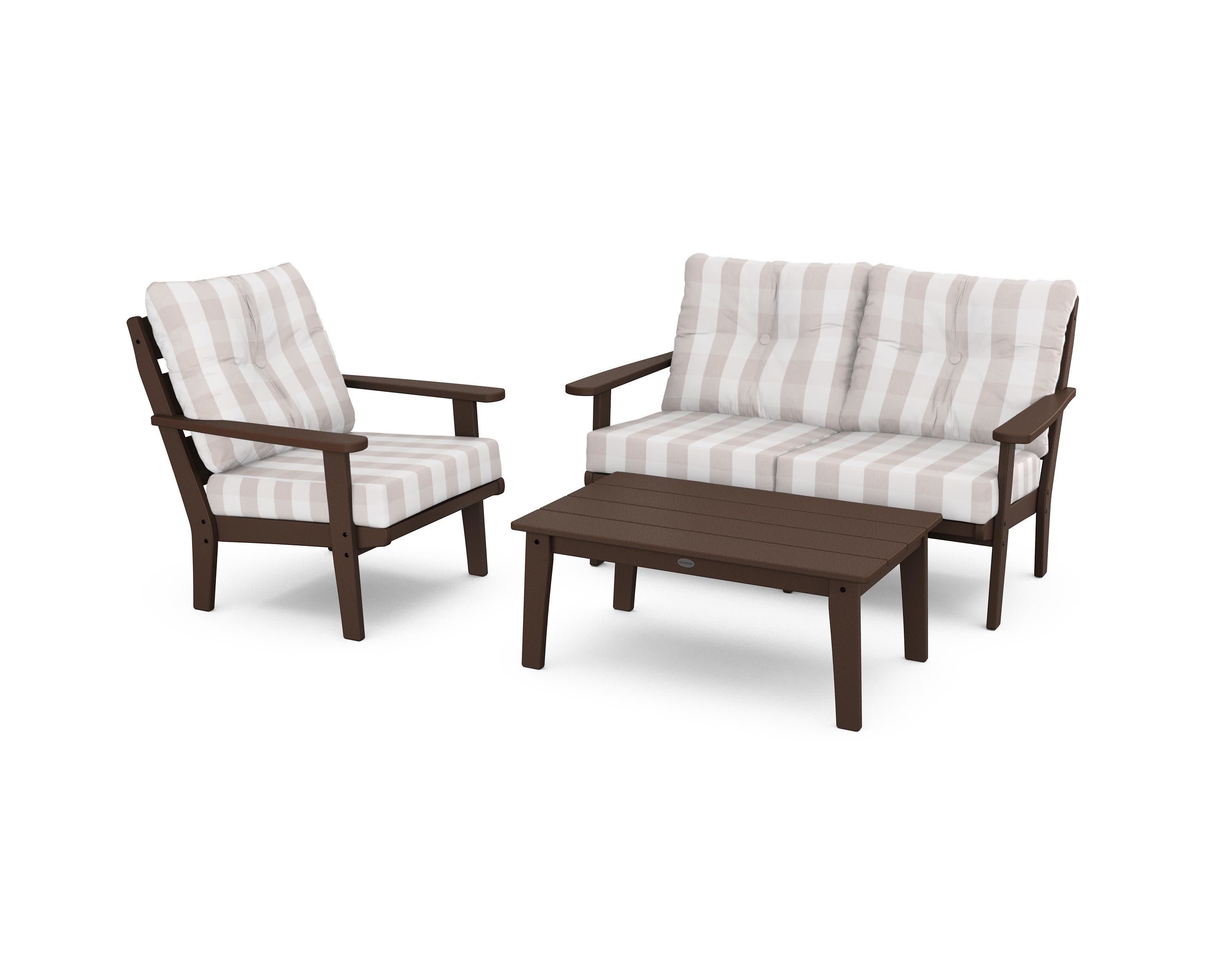 Lakeside 3-Piece Deep Seating Set in Mahogany / Buffalo Plaid Dune Burlap