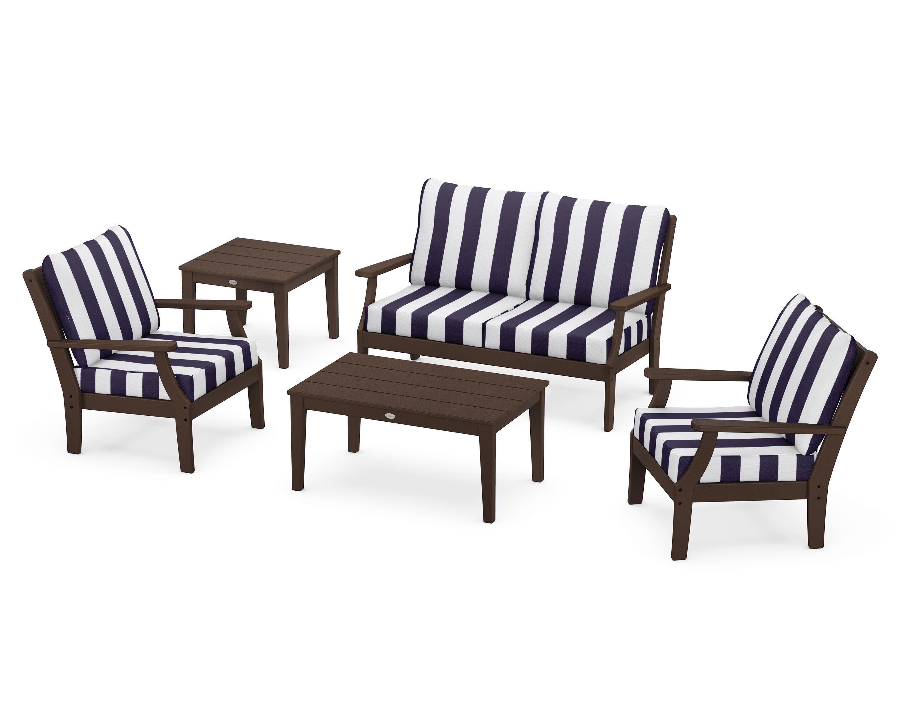 Braxton 5-Piece Deep Seating Set in Mahogany / Cabana Stripe Navy