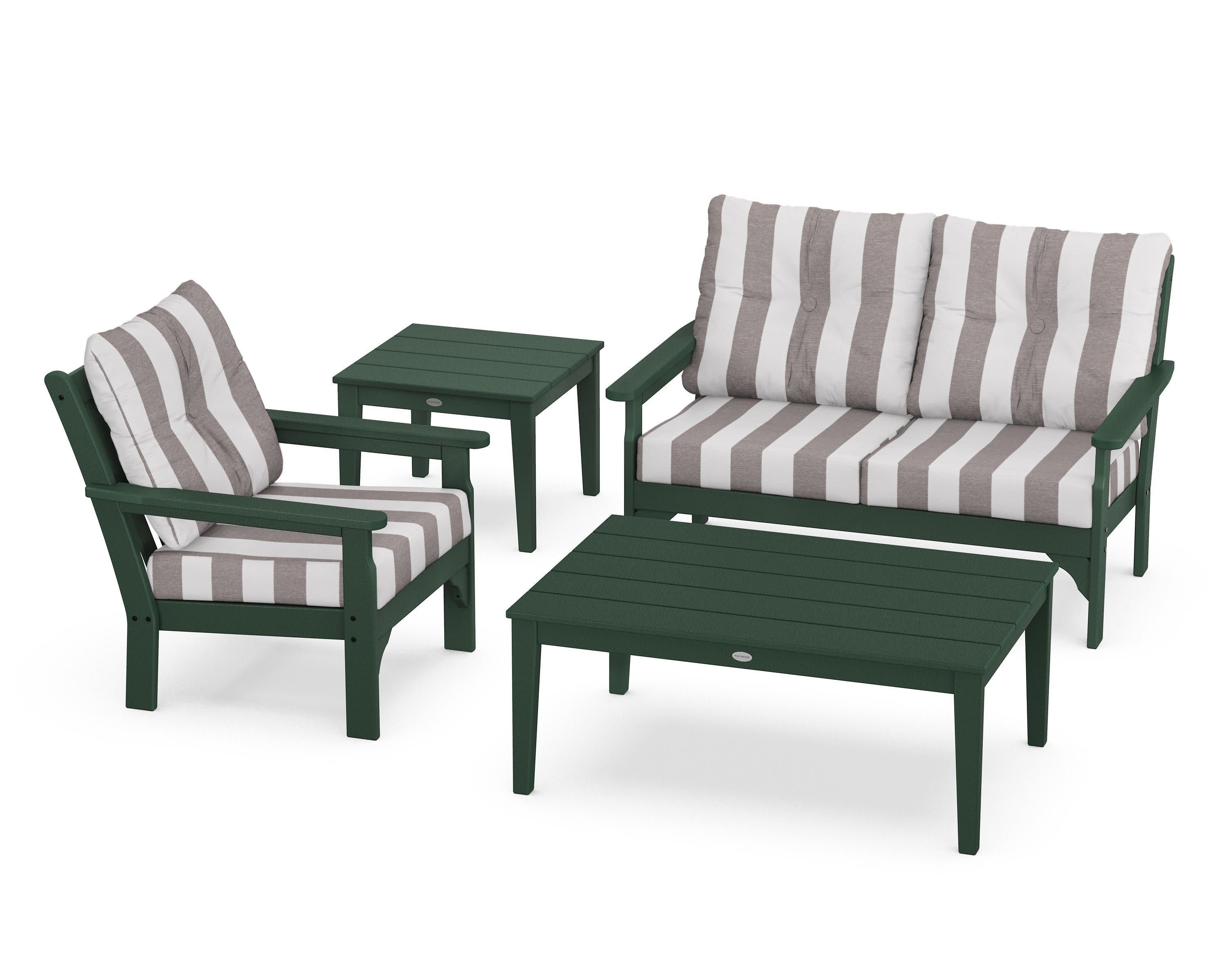 Vineyard 4-Piece Deep Seating Set in Green / Cabana Stripe Grey Mist
