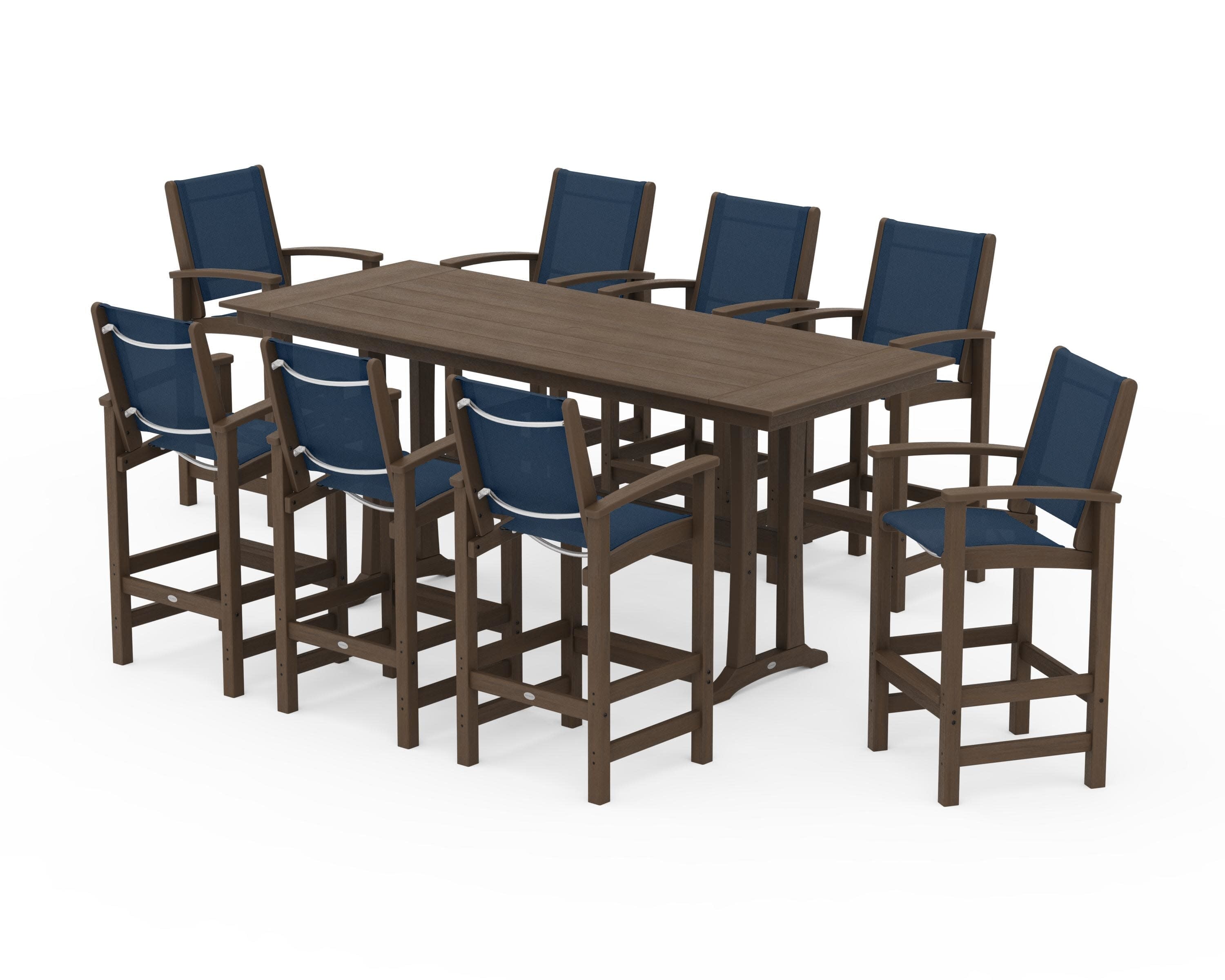 Coastal 9-Piece Farmhouse Bar Set with Trestle Legs in Kona / Navy Blue Sling