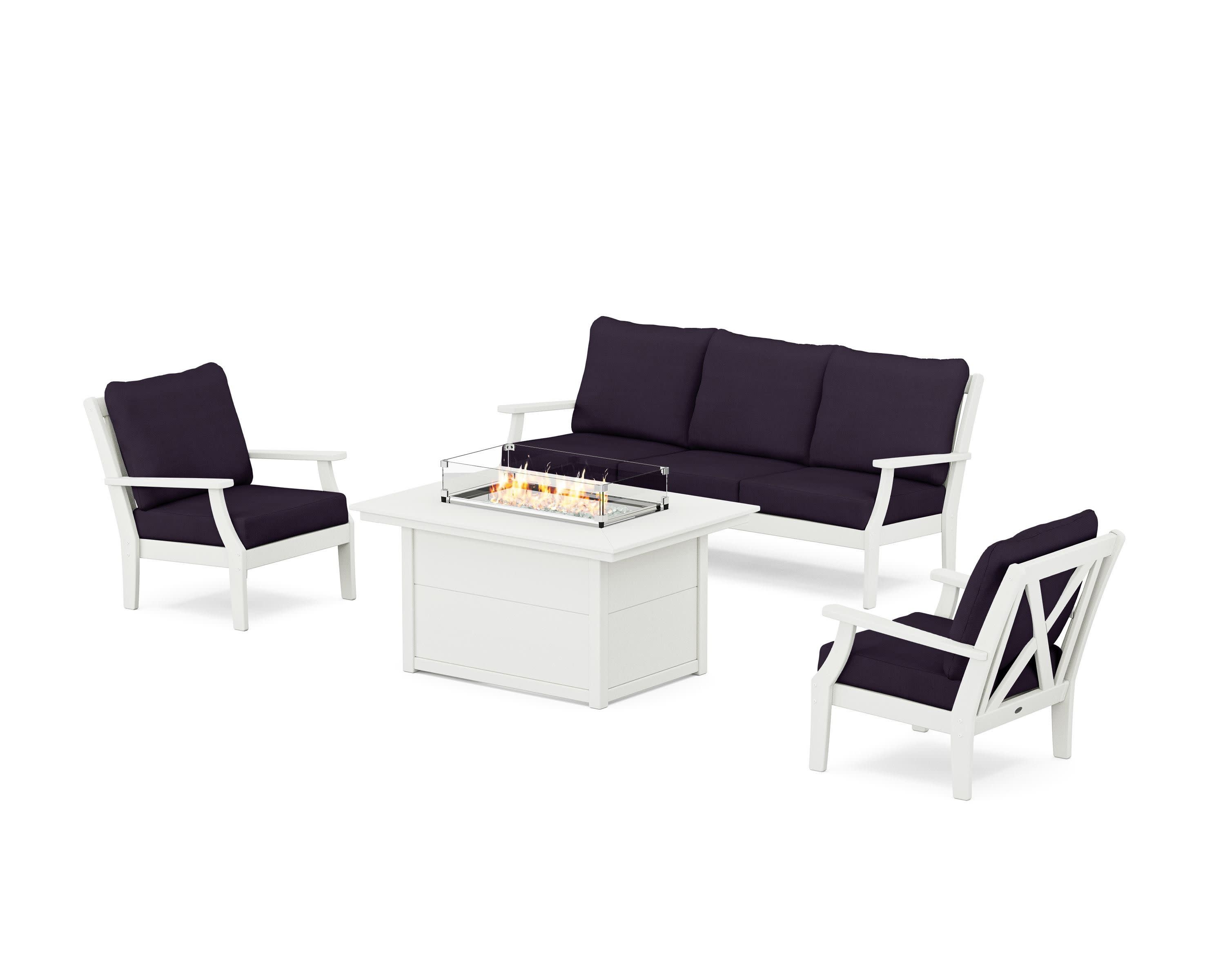 Braxton Deep Seating Fire Pit Table Set in Vintage White / Navy Linen