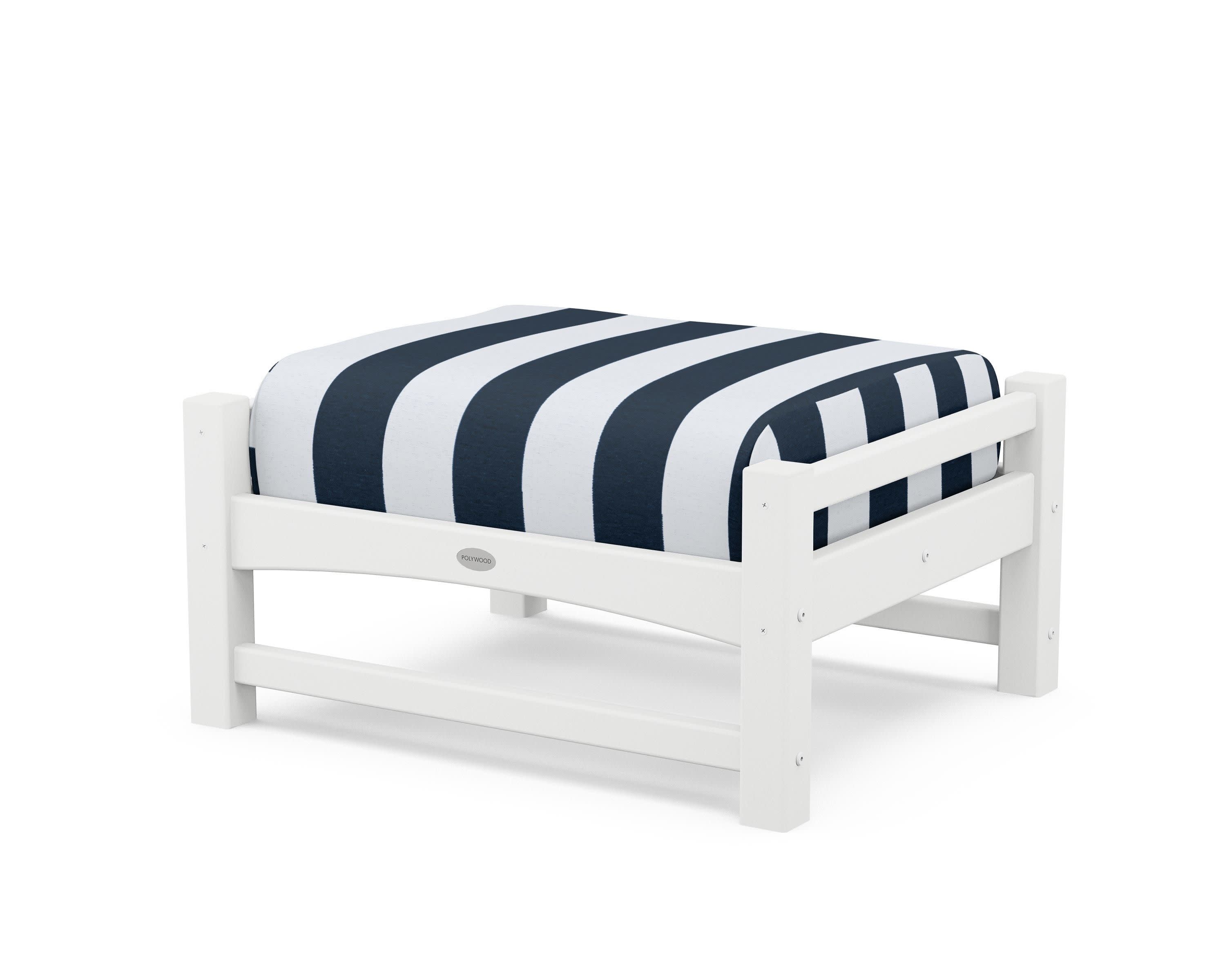 Club Ottoman in White / Cabana Stripe Marine Indigo
