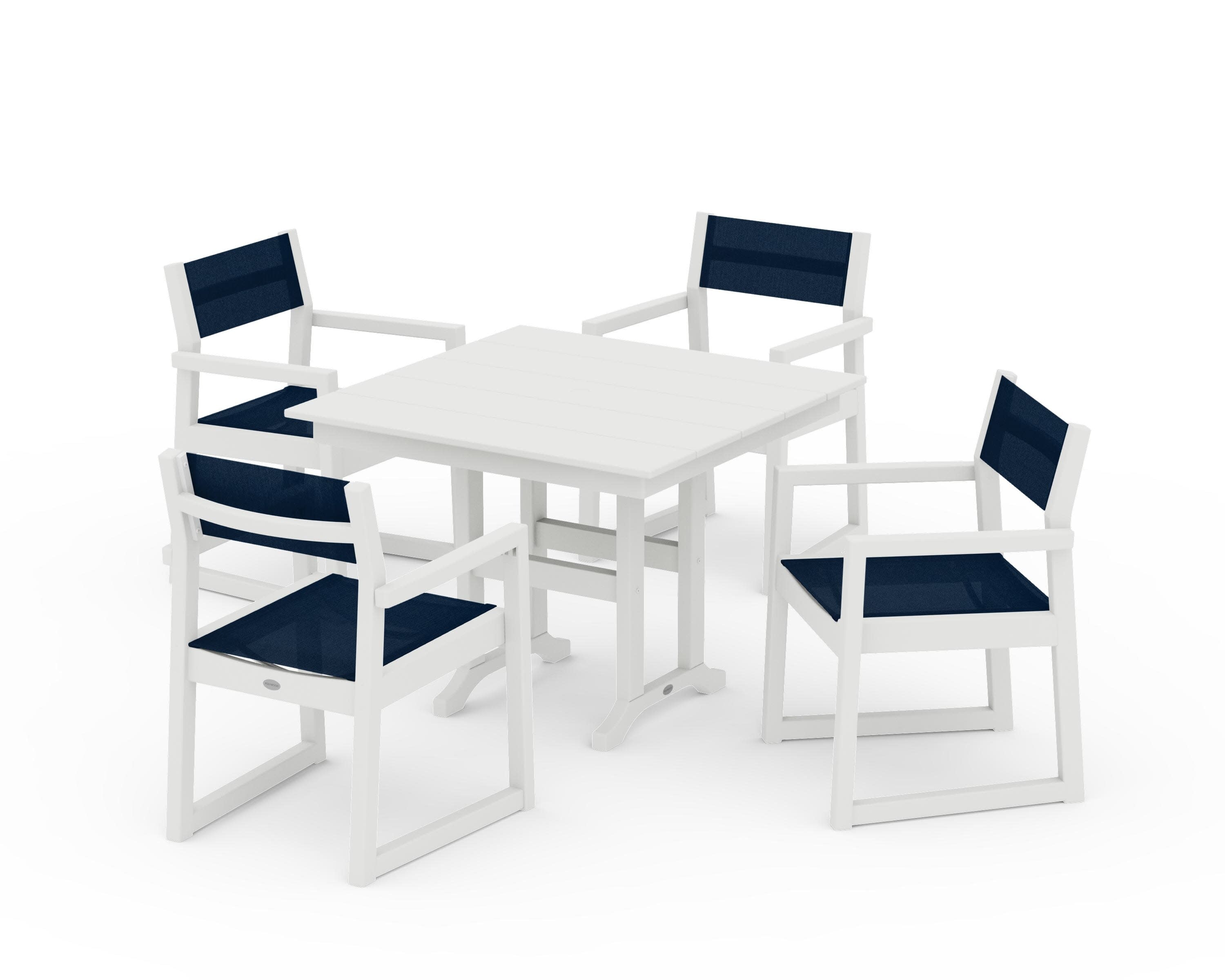 EDGE Sling Arm Chair 5-Piece Farmhouse Dining Set in Vintage White / Navy Blue Sling