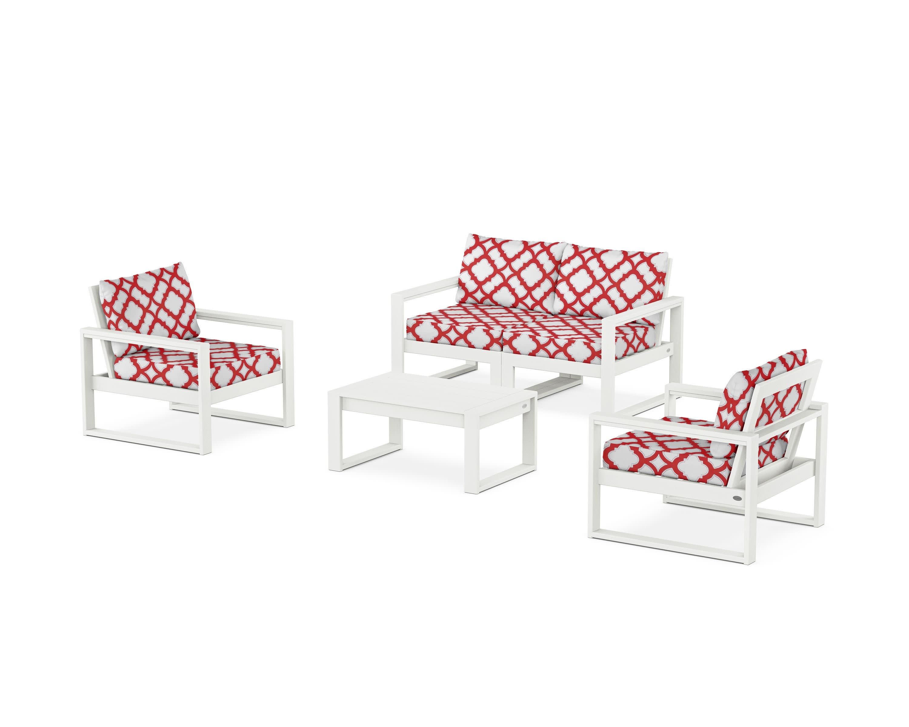 EDGE Sectional 4-Piece Deep Seating Set with Loveseat in Vintage White / Trellis Crimson