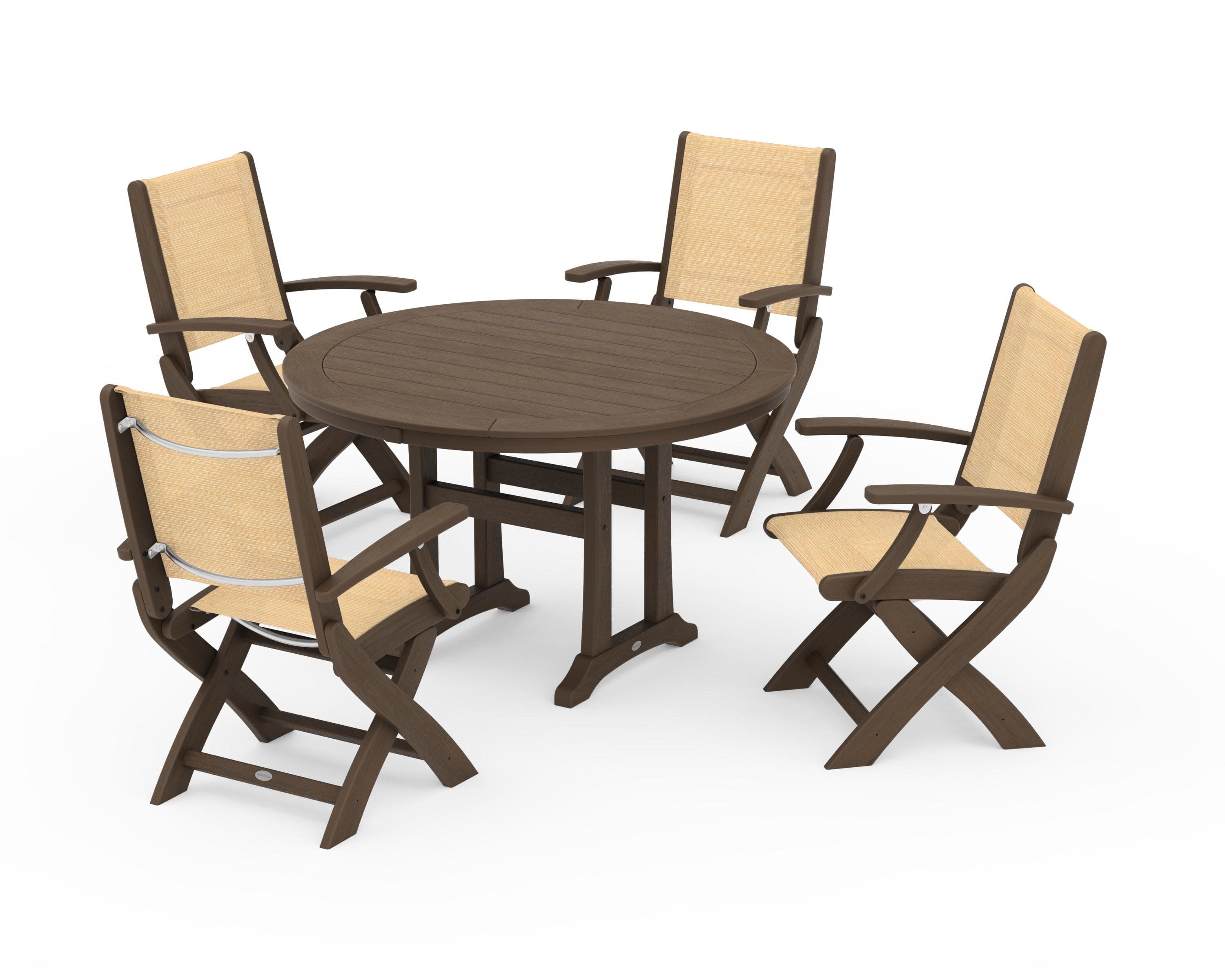 Coastal Folding Chair 5-Piece Round Dining Set with Trestle Legs in Kona / Dupioni Apricot Sling