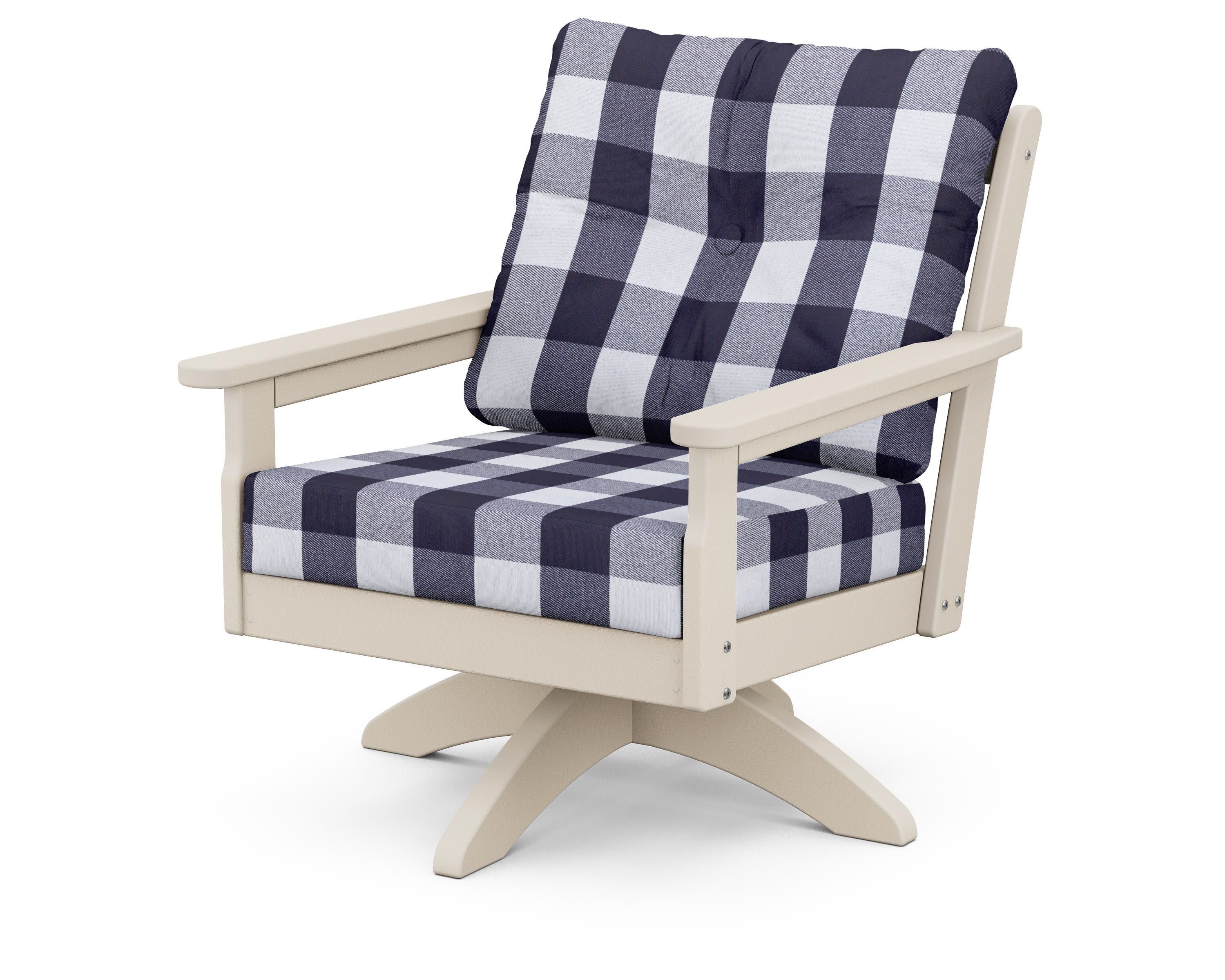 Vineyard Deep Seating Swivel Chair in Sand / Buffalo Plaid Navy