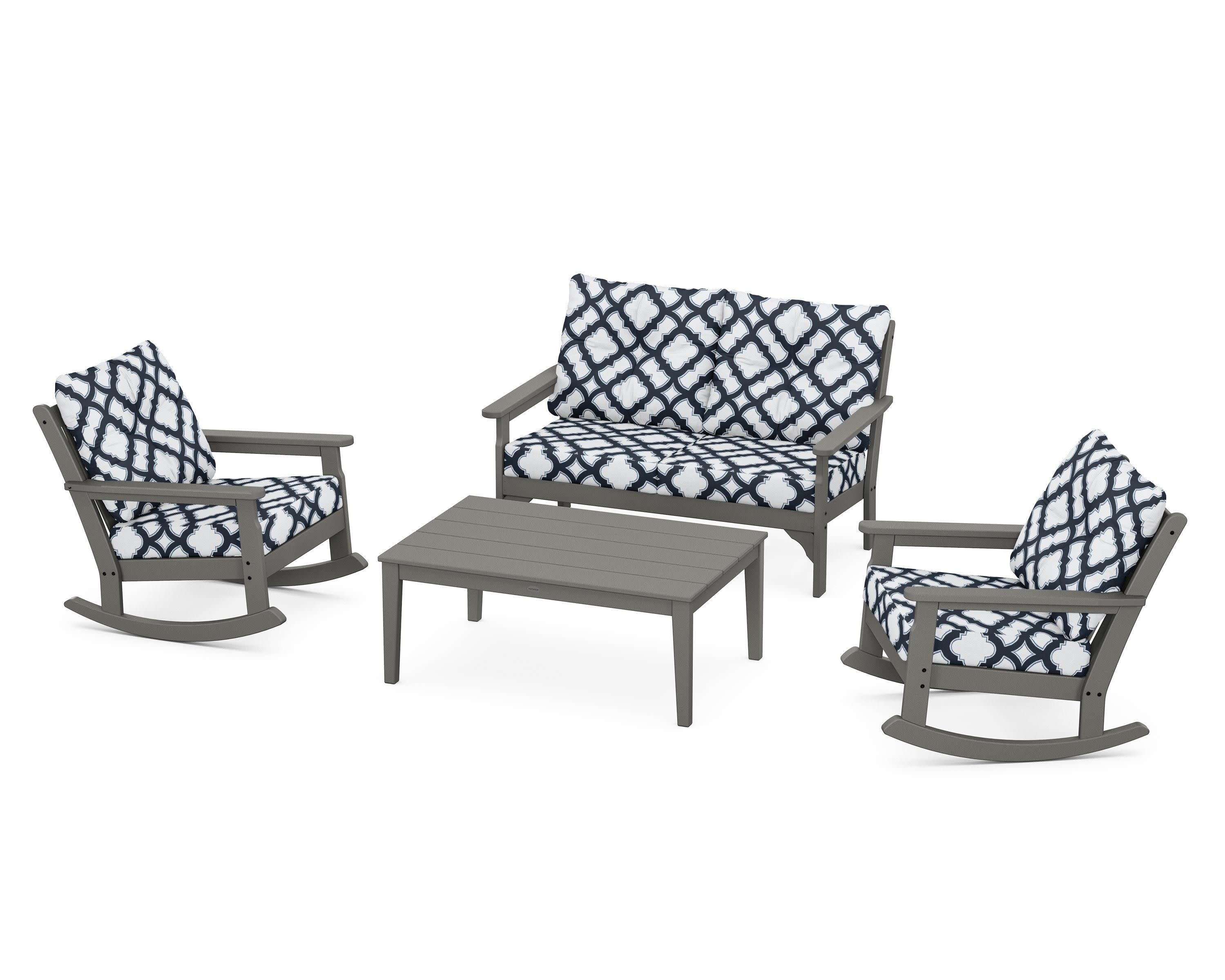 Vineyard 4-Piece Deep Seating Rocking Chair Set in Slate Grey / Trellis Marine Indigo