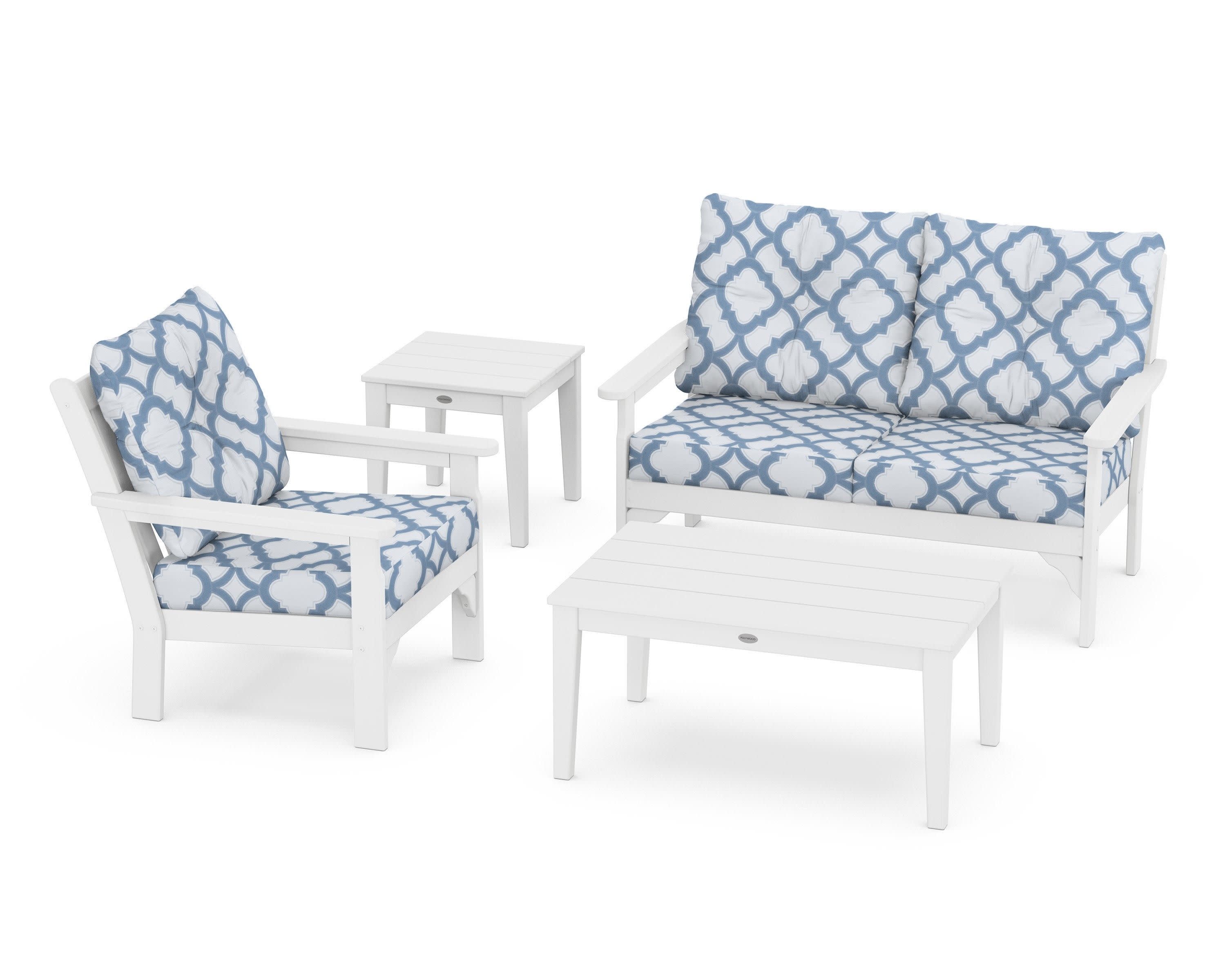 Vineyard 4-Piece Deep Seating Set in White / Trellis Sky Blue