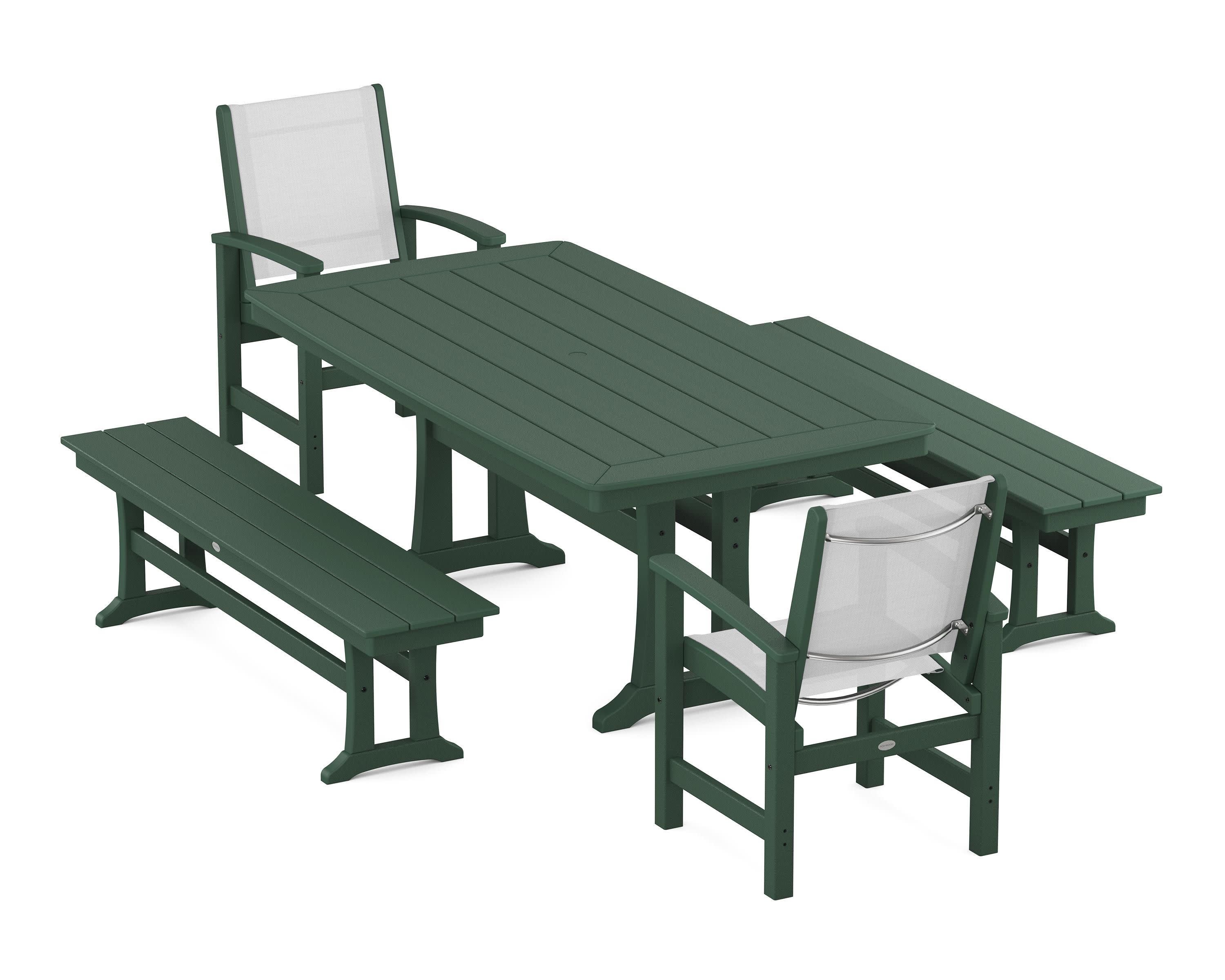 Coastal 5-Piece Dining Set with Trestle Legs and Benches in Green / White Sling