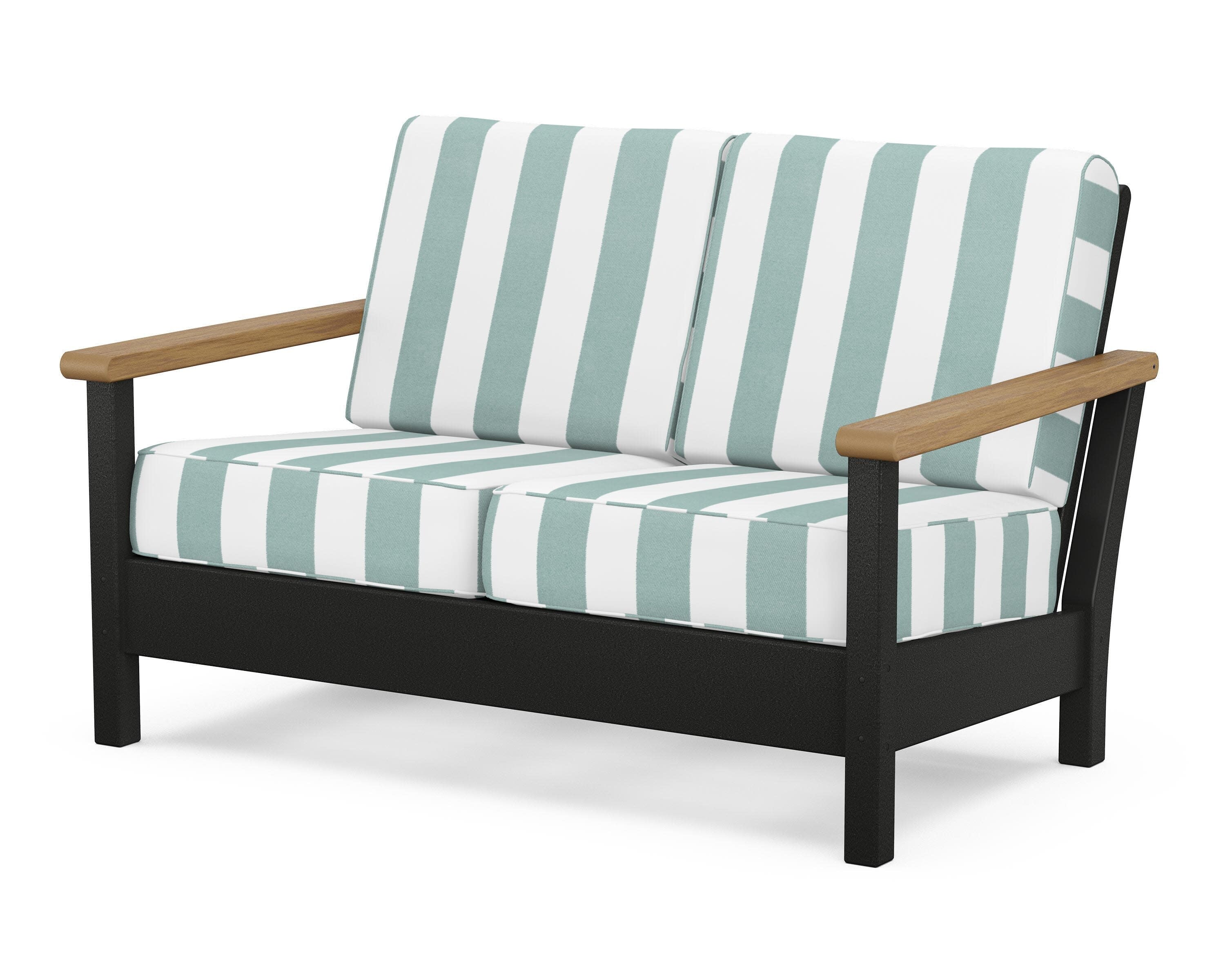 Harbour Deep Seating Loveseat in Black / Natural / Cabana Stripe Glacier Spa