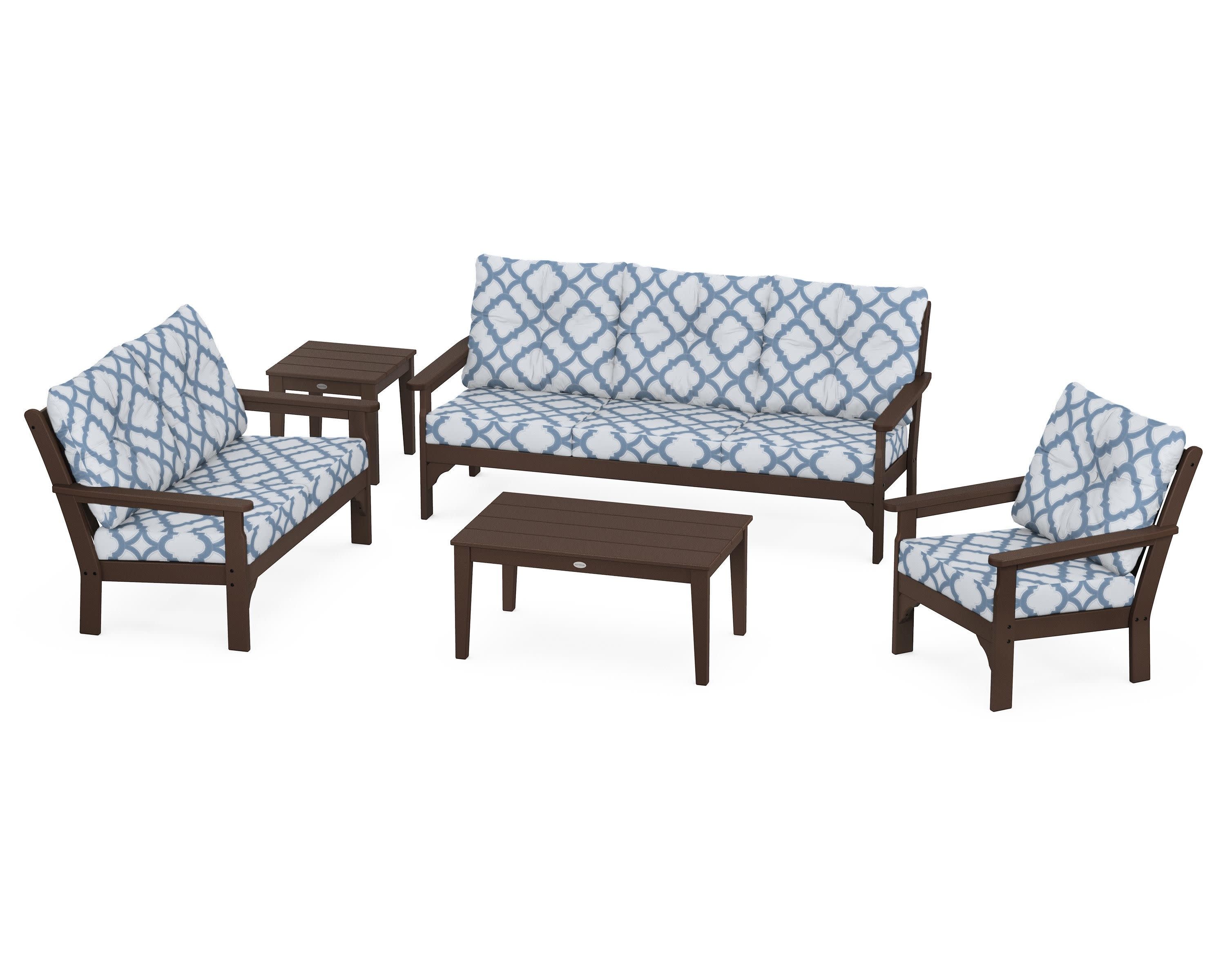 Vineyard 5 Piece Deep Seating Set in Mahogany / Trellis Sky Blue