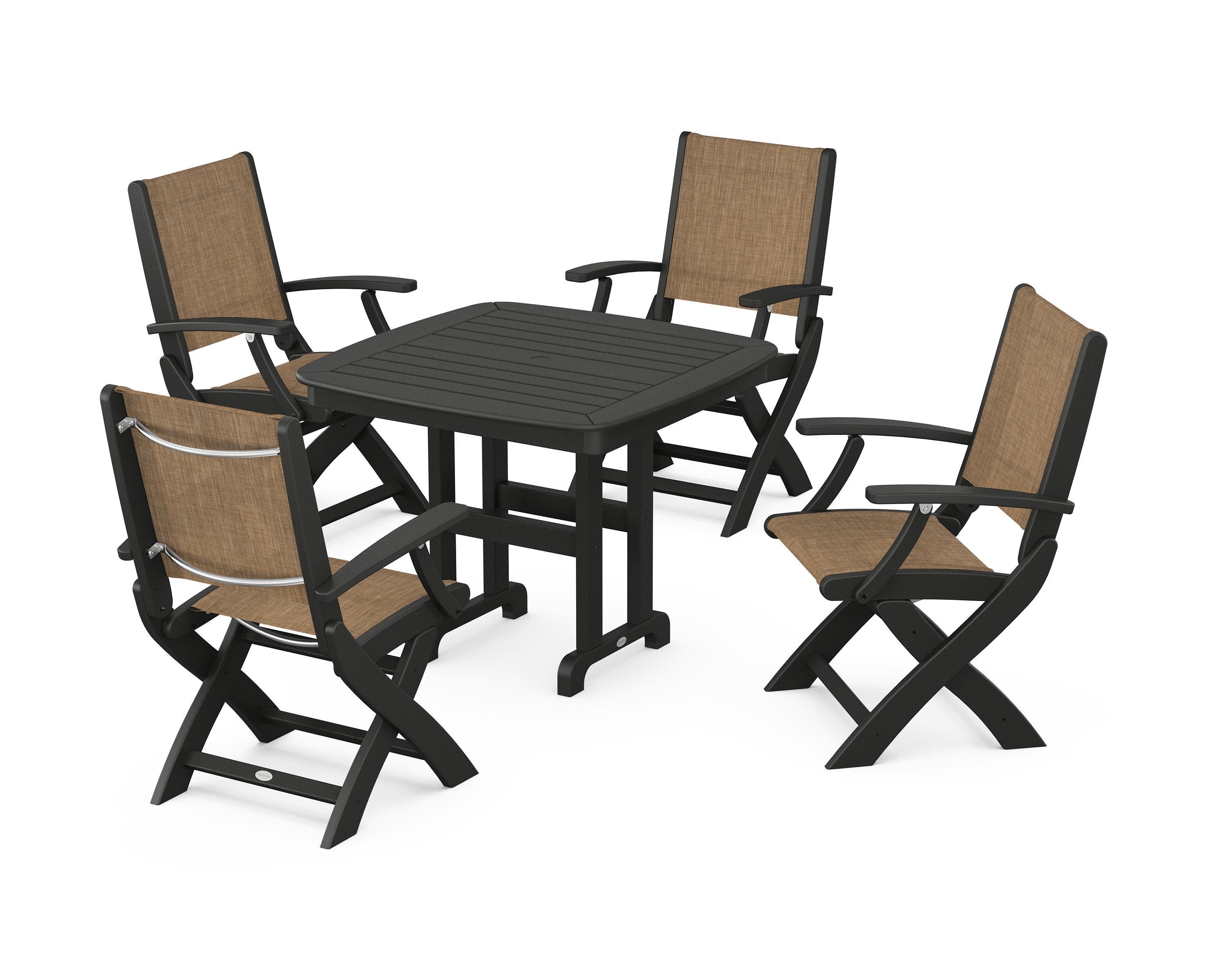 Coastal Folding Chair 5-Piece Dining Set in Black / Burlap Sling
