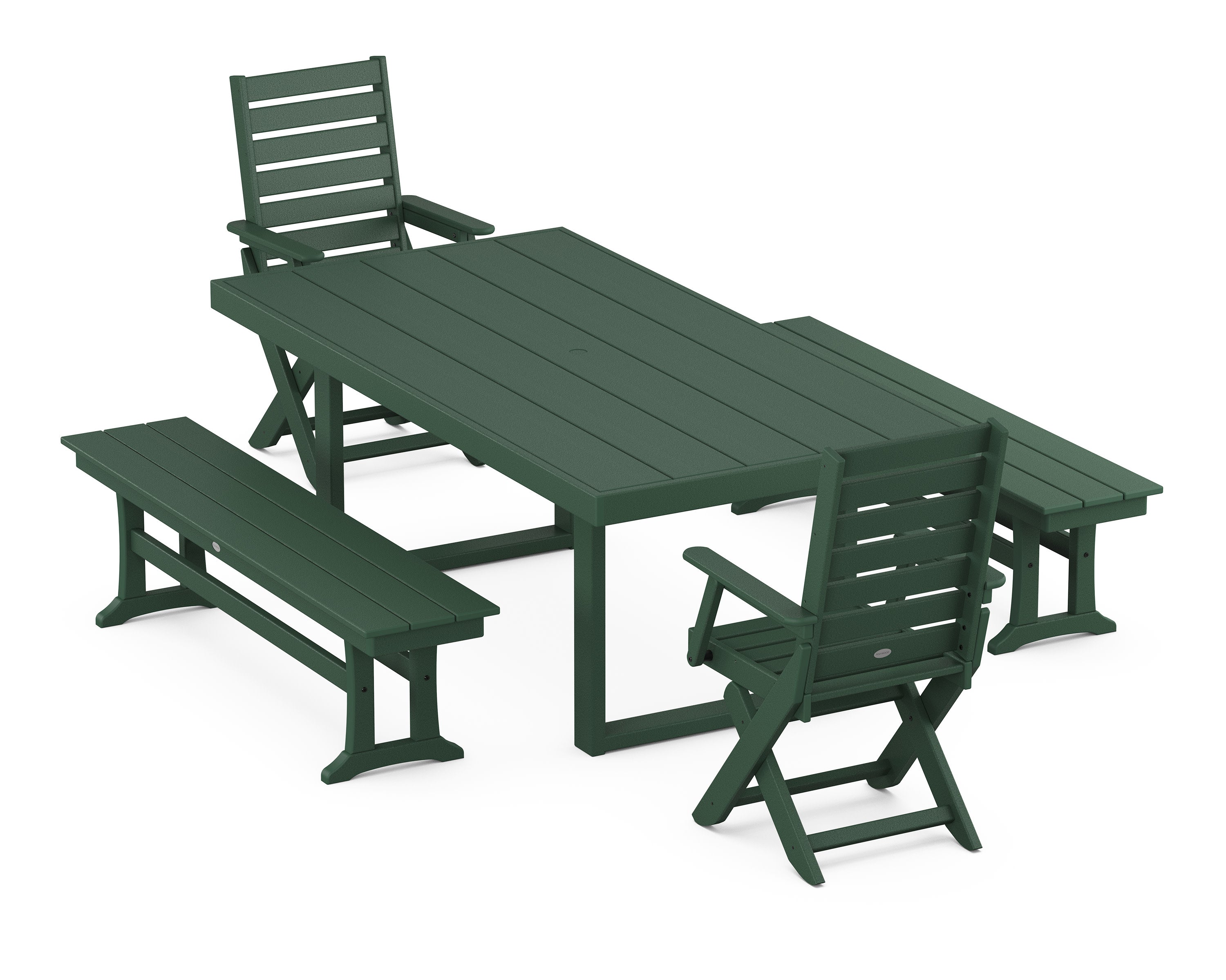 Captain Folding Chair 5-Piece Dining Set with Benches in Green