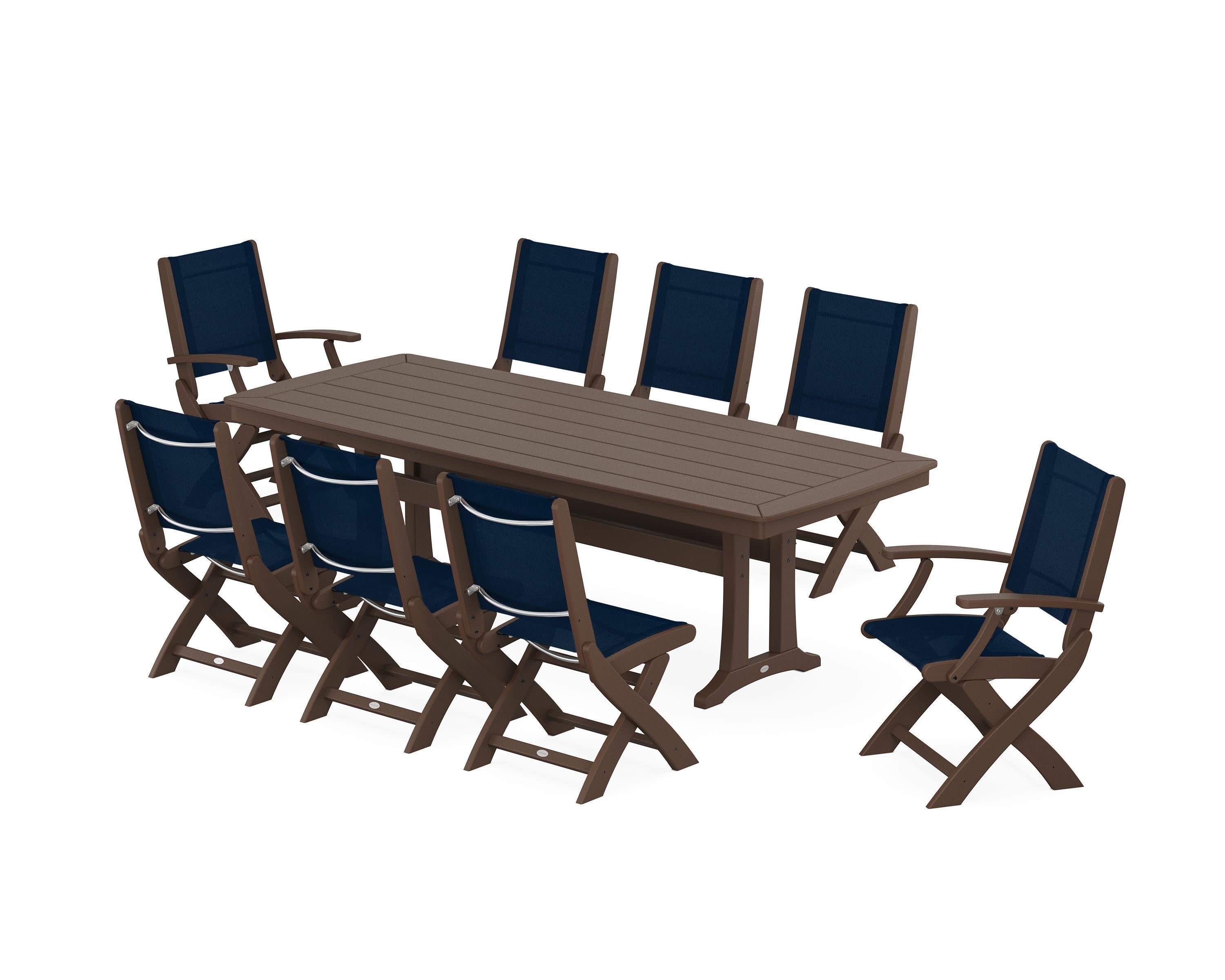 Coastal Folding 9-Piece Dining Set with Trestle Legs in Mahogany / Navy Blue Sling