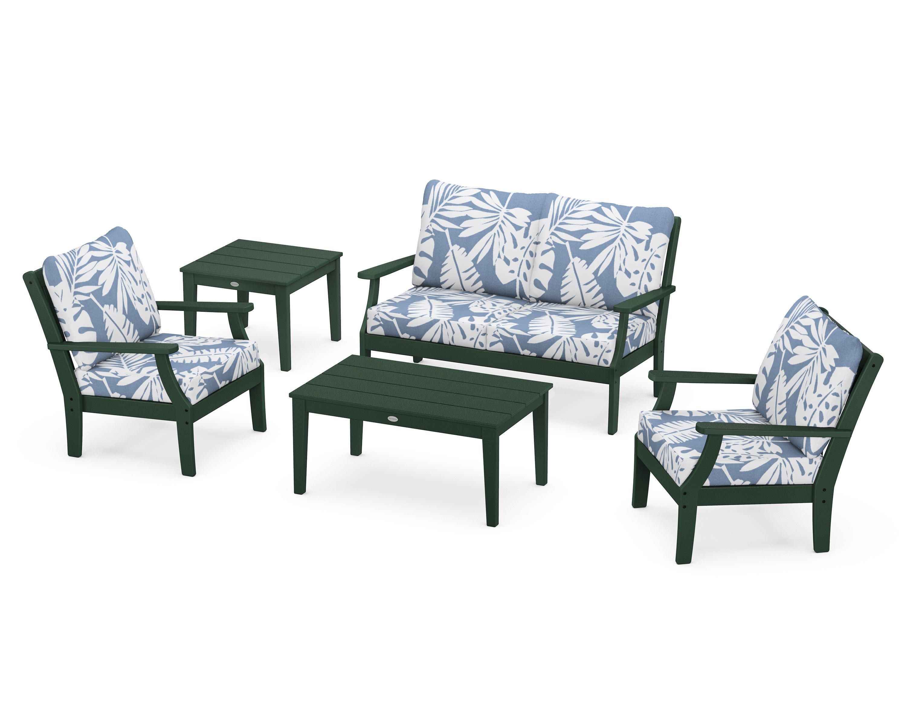 Braxton 5-Piece Deep Seating Set in Green / Leaf Sky Blue