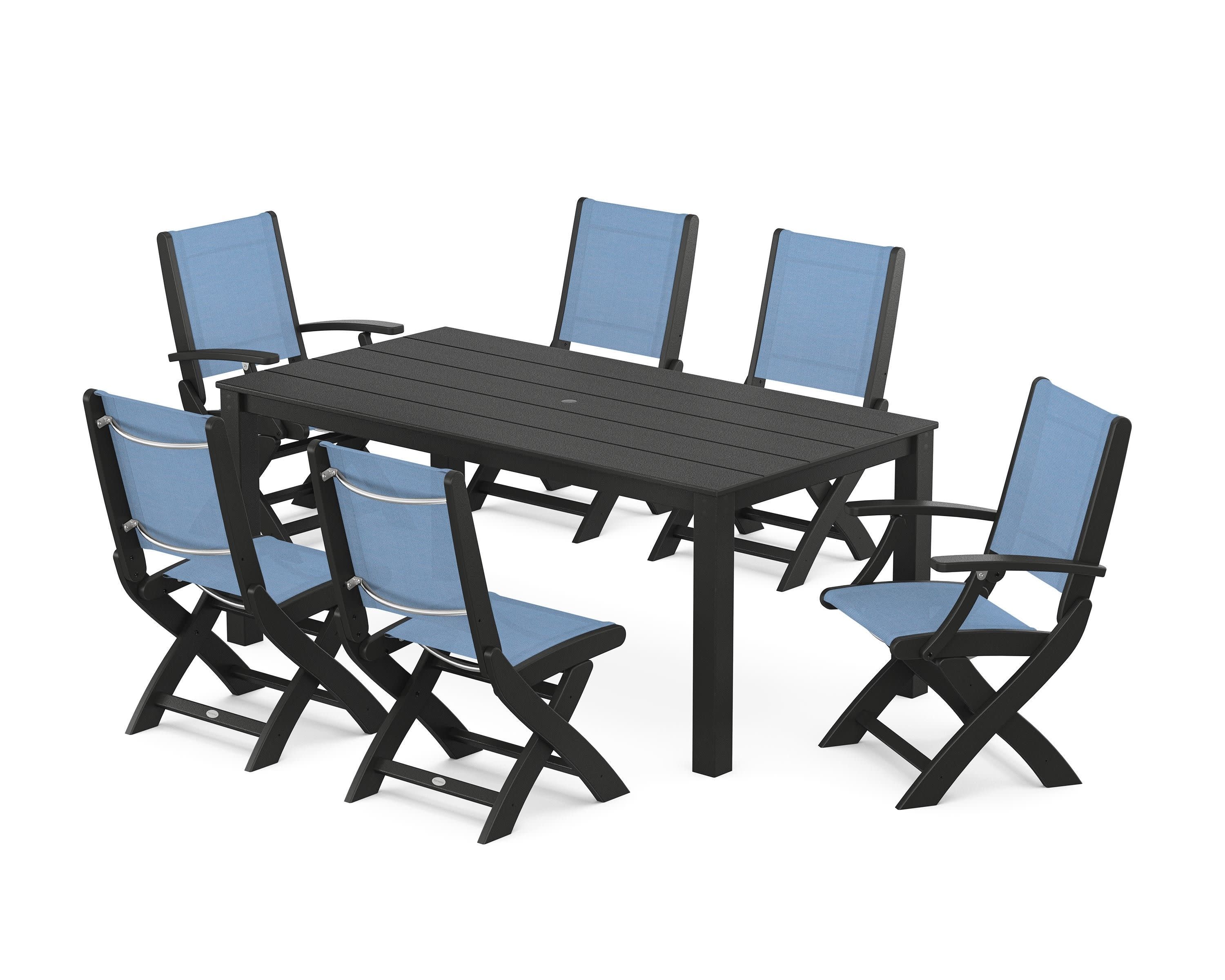 Coastal Folding Chair 7-Piece Parsons Dining Set in Black / Poolside Sling