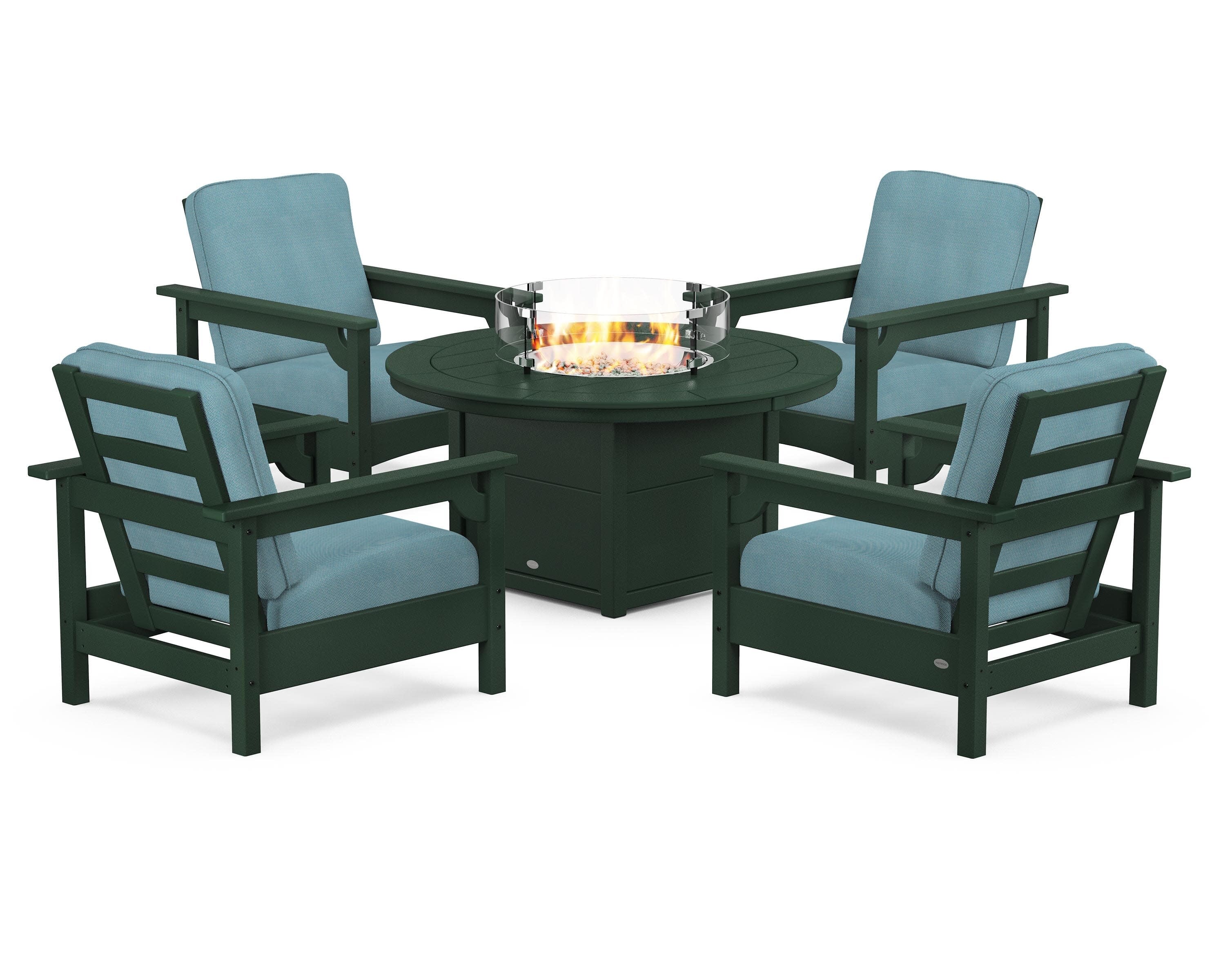Club 5-Piece Conversation Set with Fire Pit Table in Green / Lattice Sky Blue