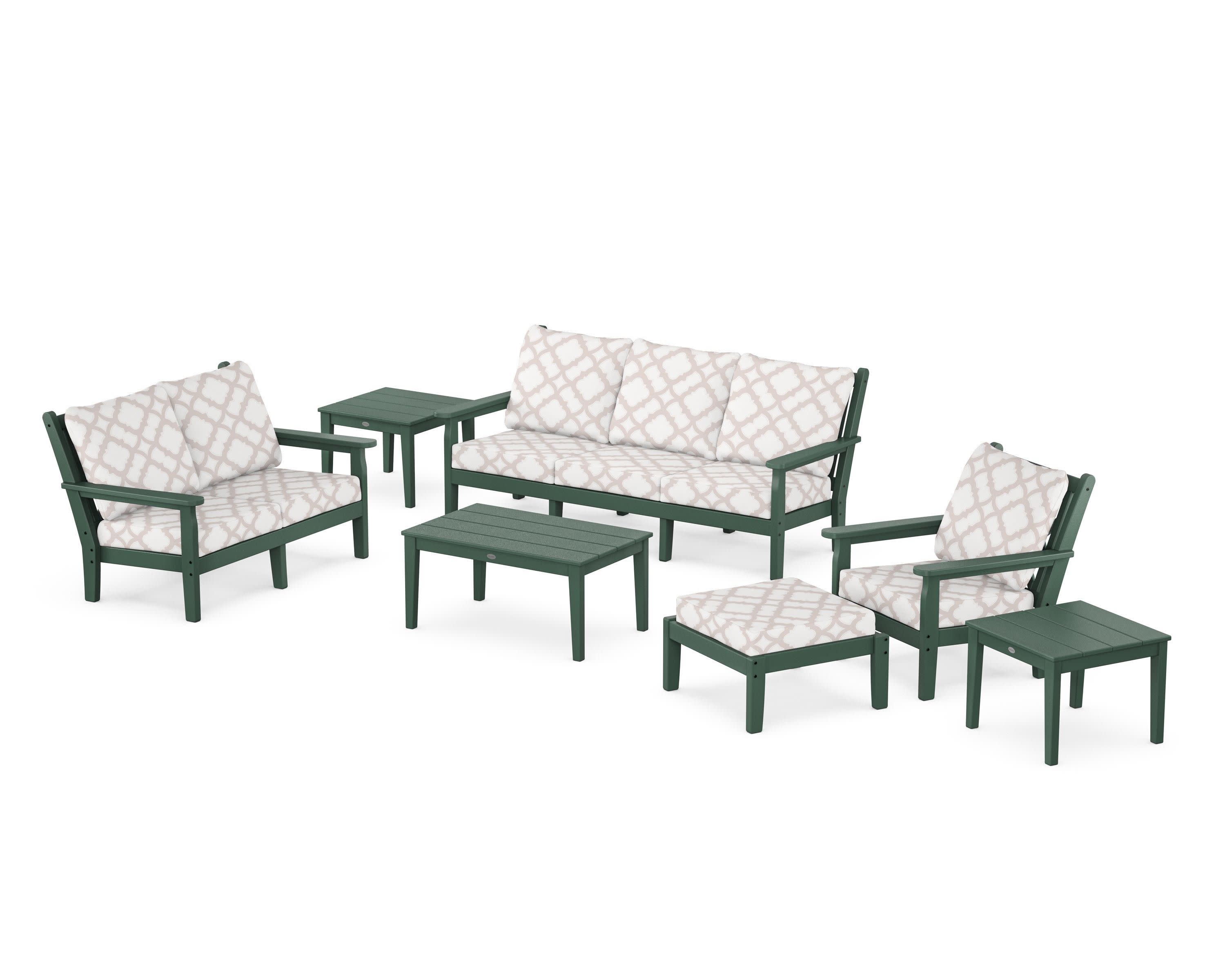 Chippendale 7-Piece Deep Seating Set in Green / Trellis Dune Burlap