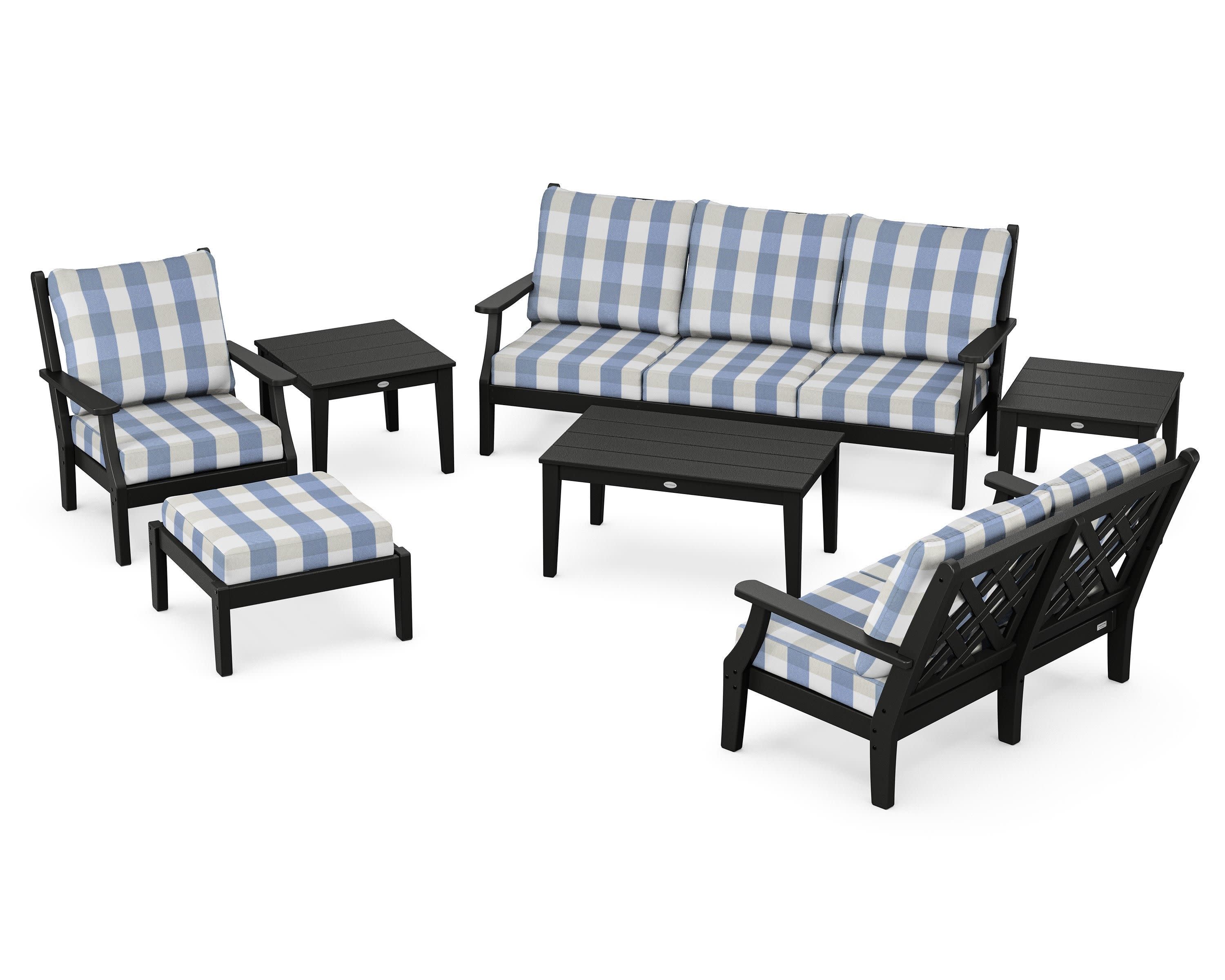 Wovendale 7-Piece Deep Seating Set in Black / Buffalo Plaid Sky Blue
