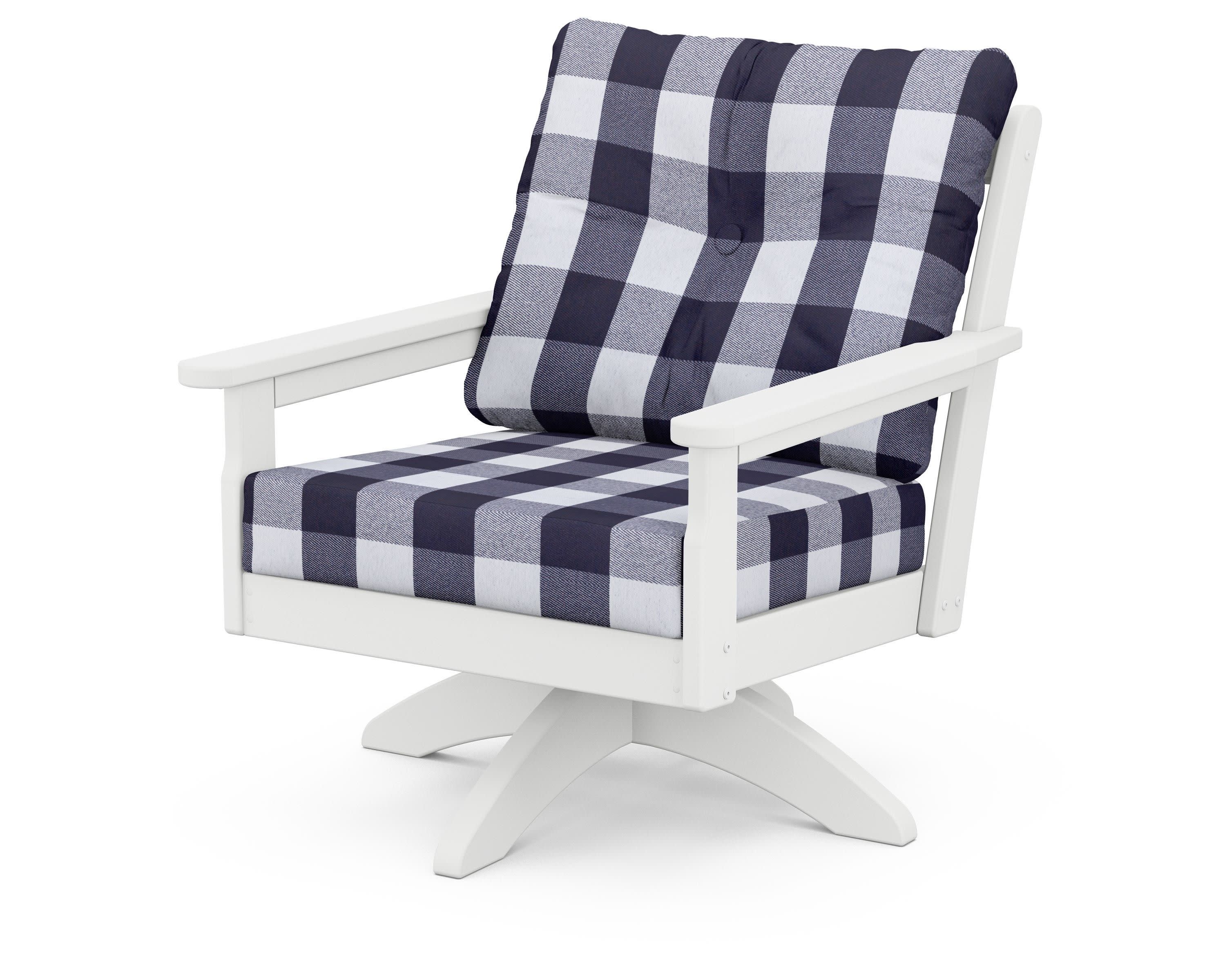 Vineyard Deep Seating Swivel Chair in White / Buffalo Plaid Navy