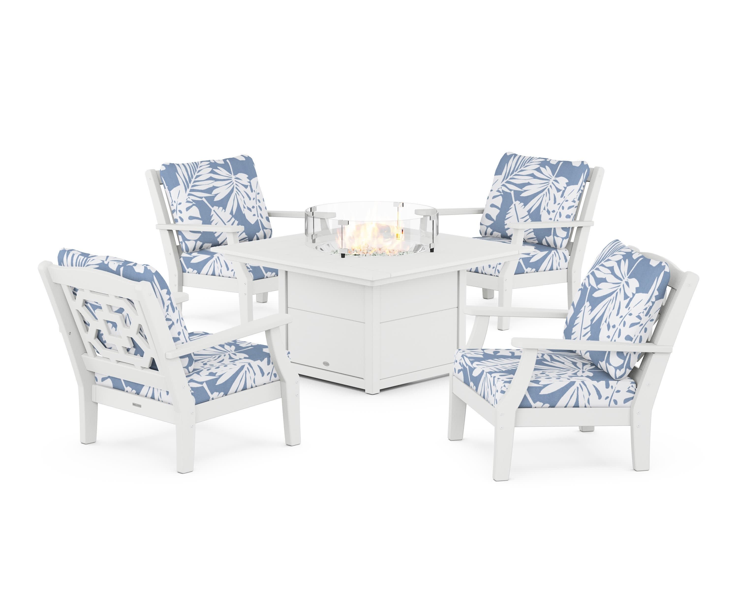 Chinoiserie 5-Piece Deep Seating Set with Fire Pit Table in White / Leaf Sky Blue