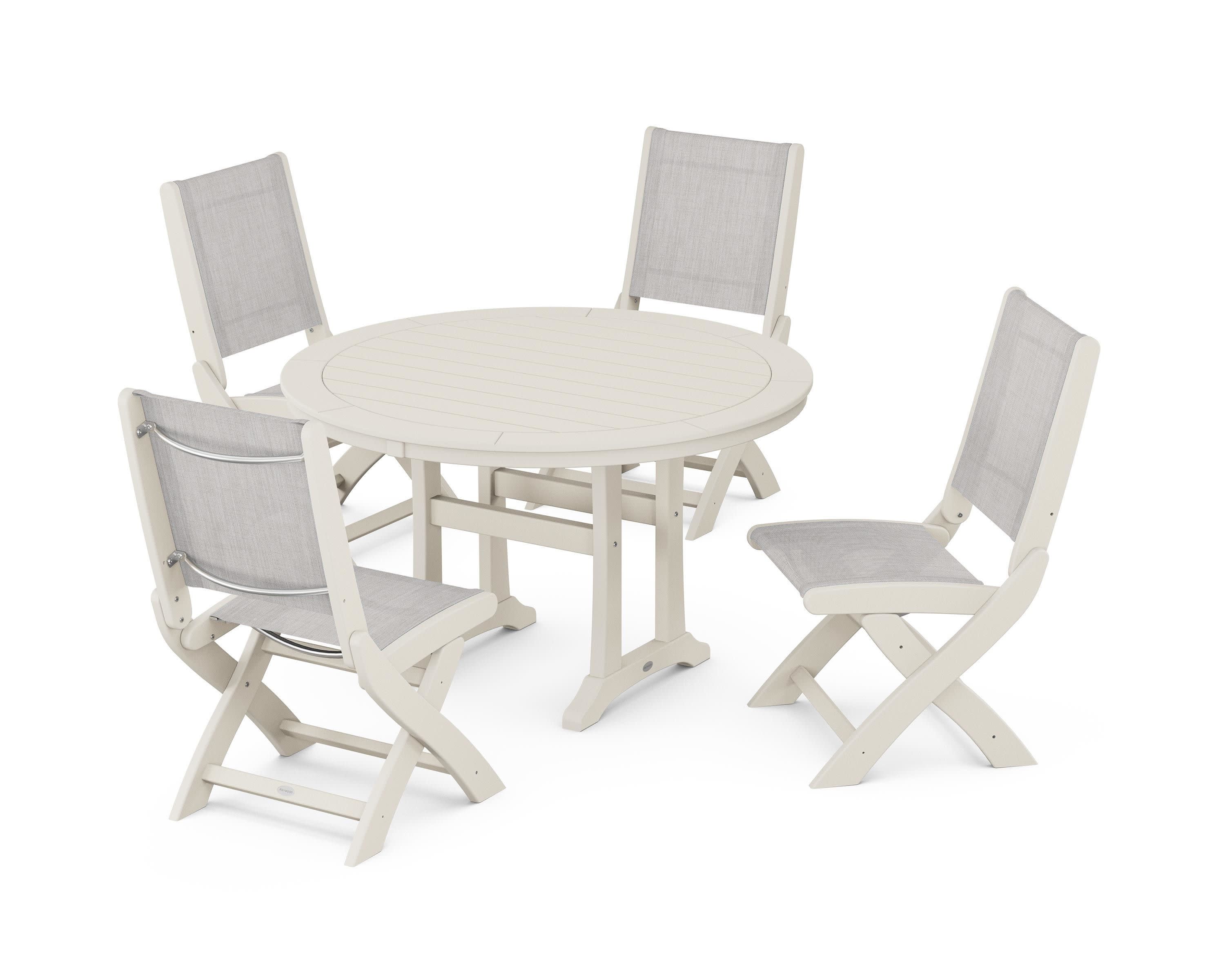 Coastal Folding Side Chair 5-Piece Round Dining Set With Trestle Legs in Sand / Parchment Sling