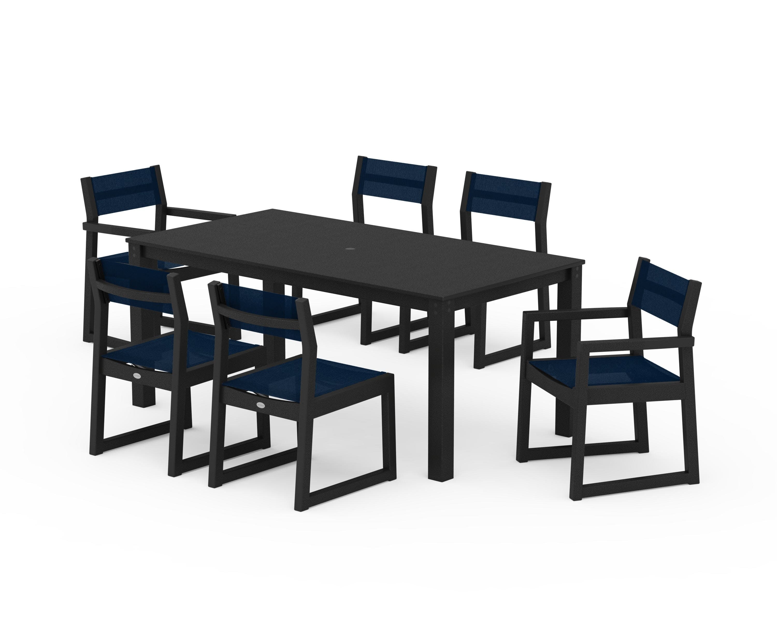 EDGE Sling 7-Piece Parsons Dining Set in Black / Navy Blue Sling
