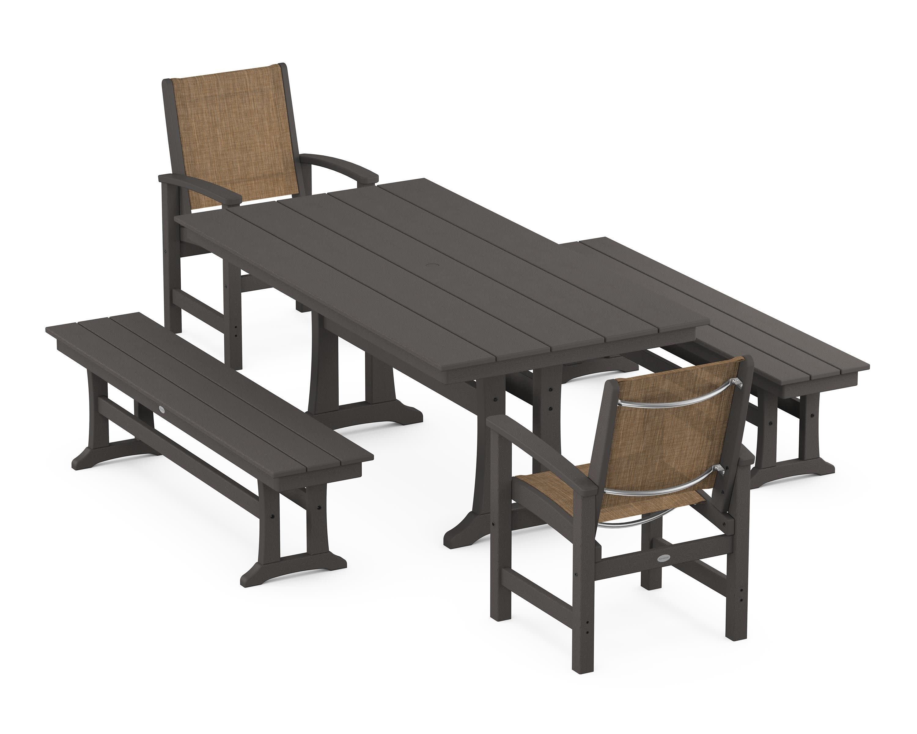 Coastal 5-Piece Farmhouse Dining Set with Trestle Legs and Benches in Vintage Coffee / Burlap Sling
