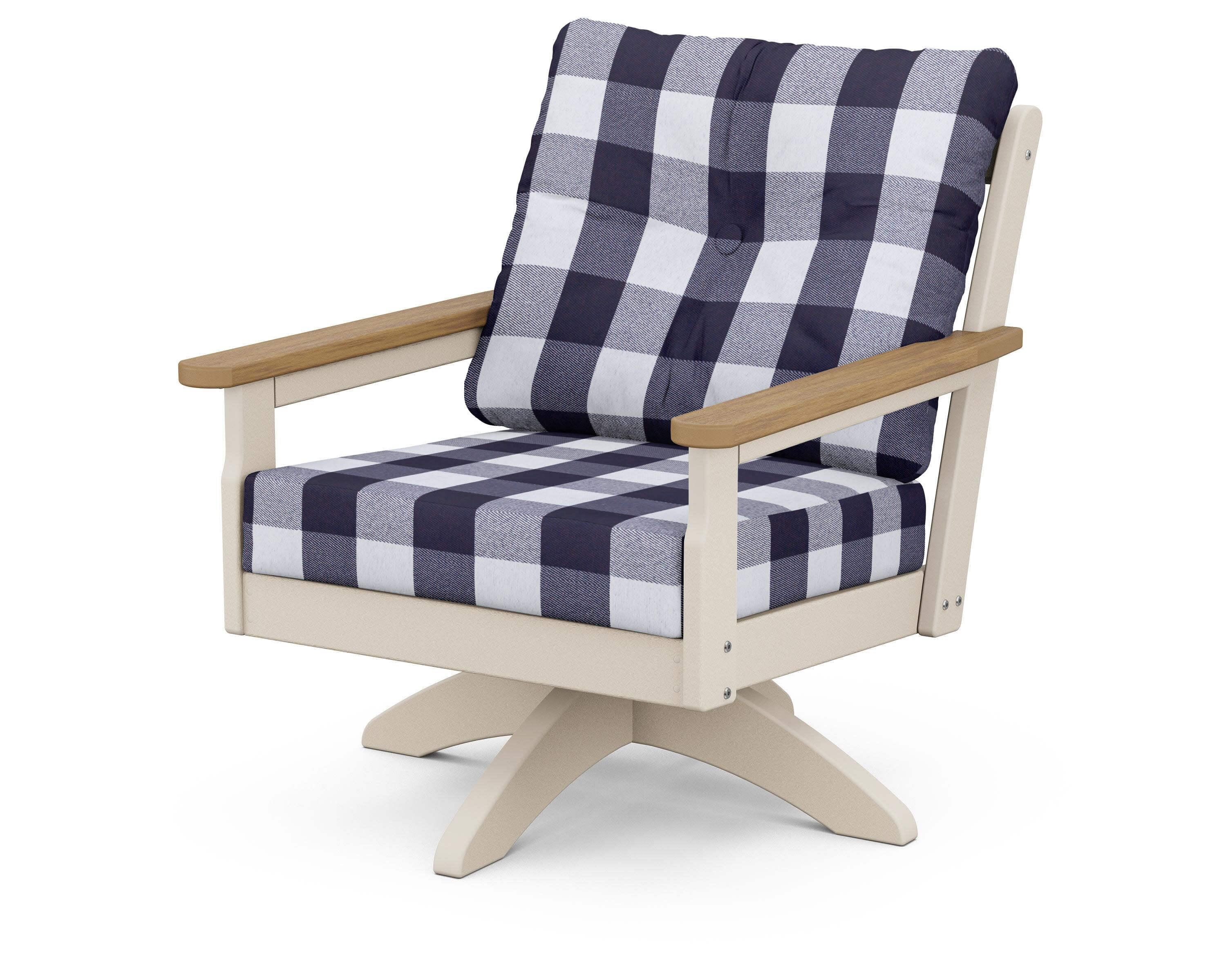Vineyard Deep Seating Swivel Chair in Sand / Natural / Buffalo Plaid Navy