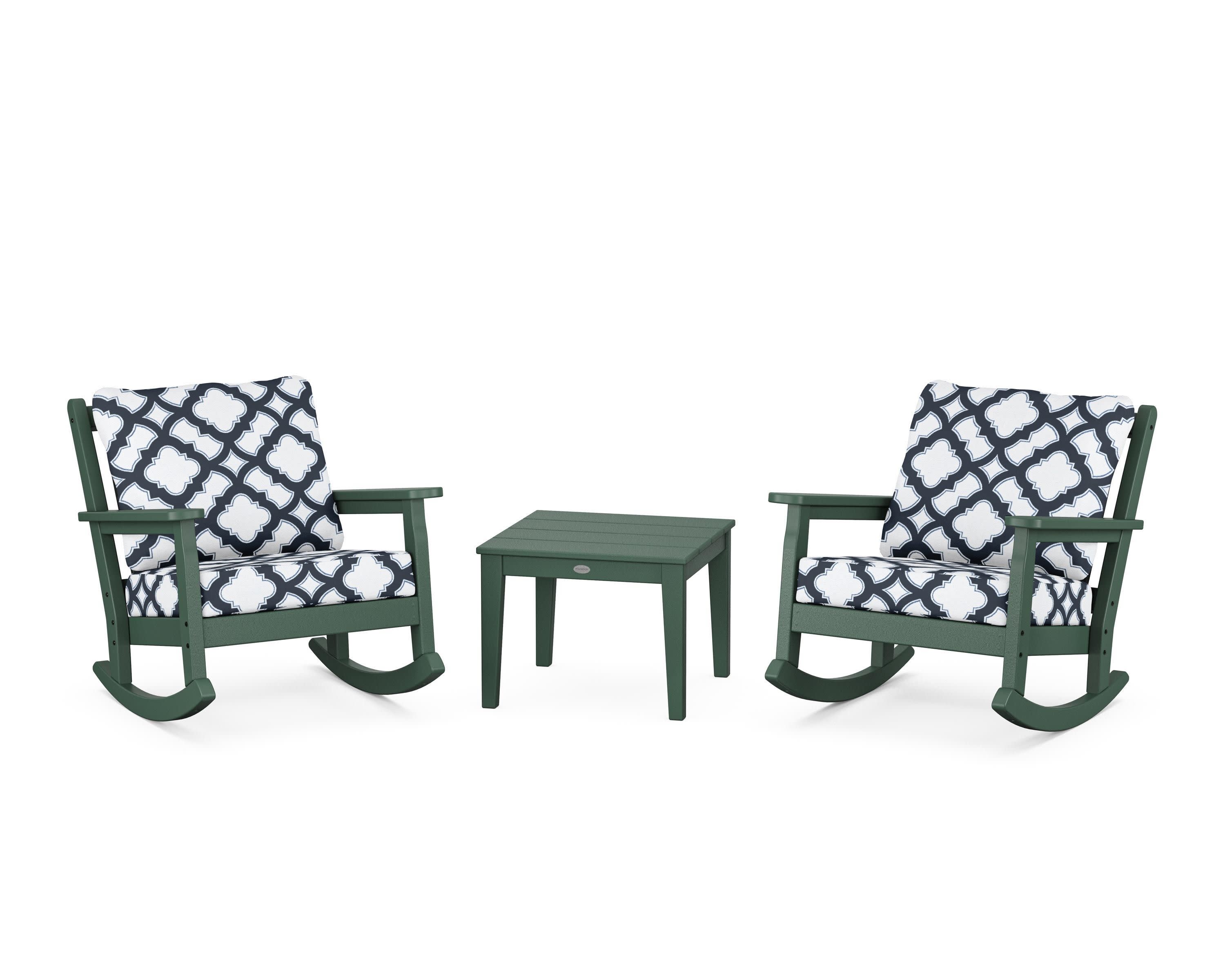Chippendale 3-Piece Deep Seating Rocker Set in Green / Trellis Marine Indigo
