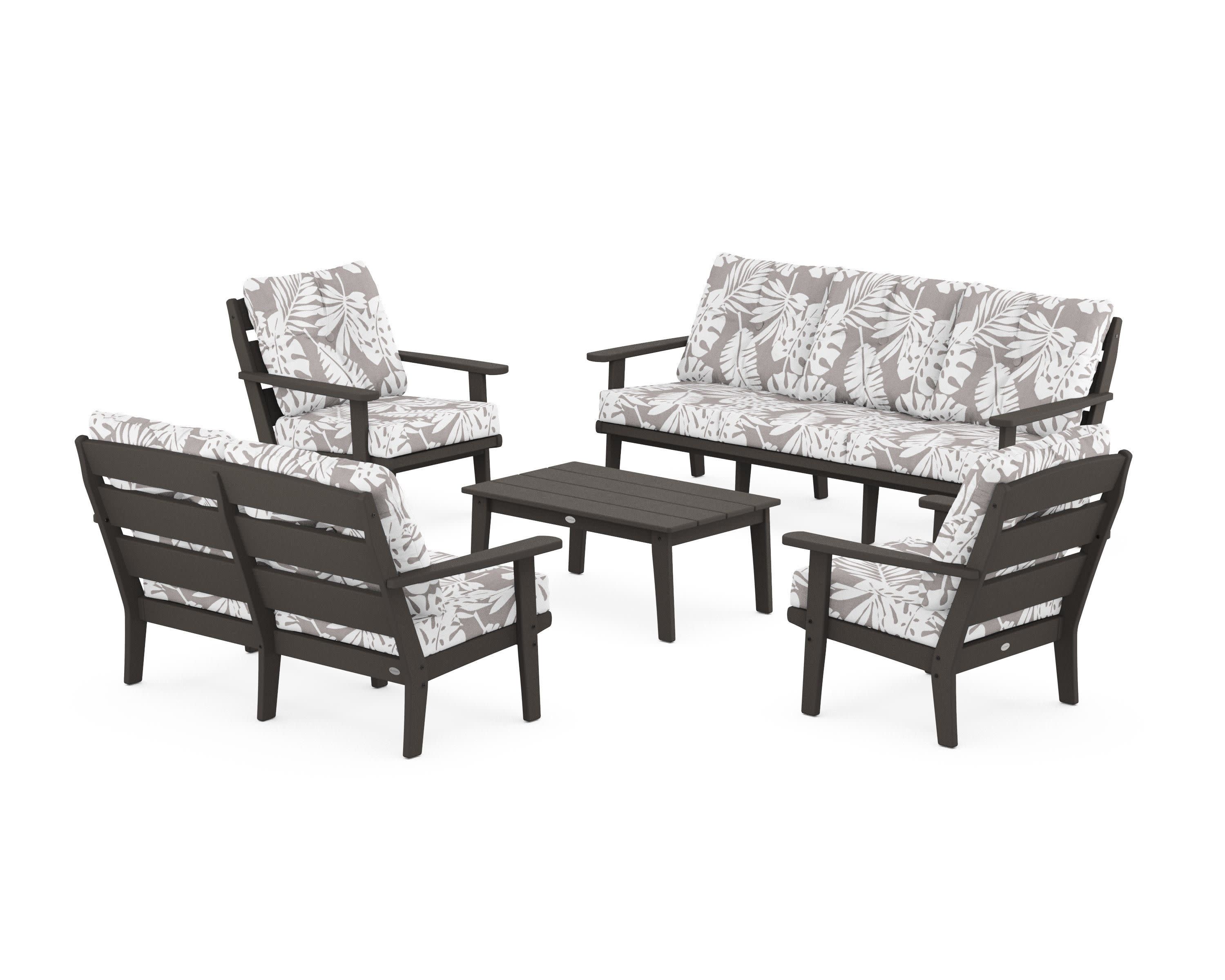 Lakeside 5-Piece Lounge Sofa Set in Vintage Coffee / Leaf Grey Mist
