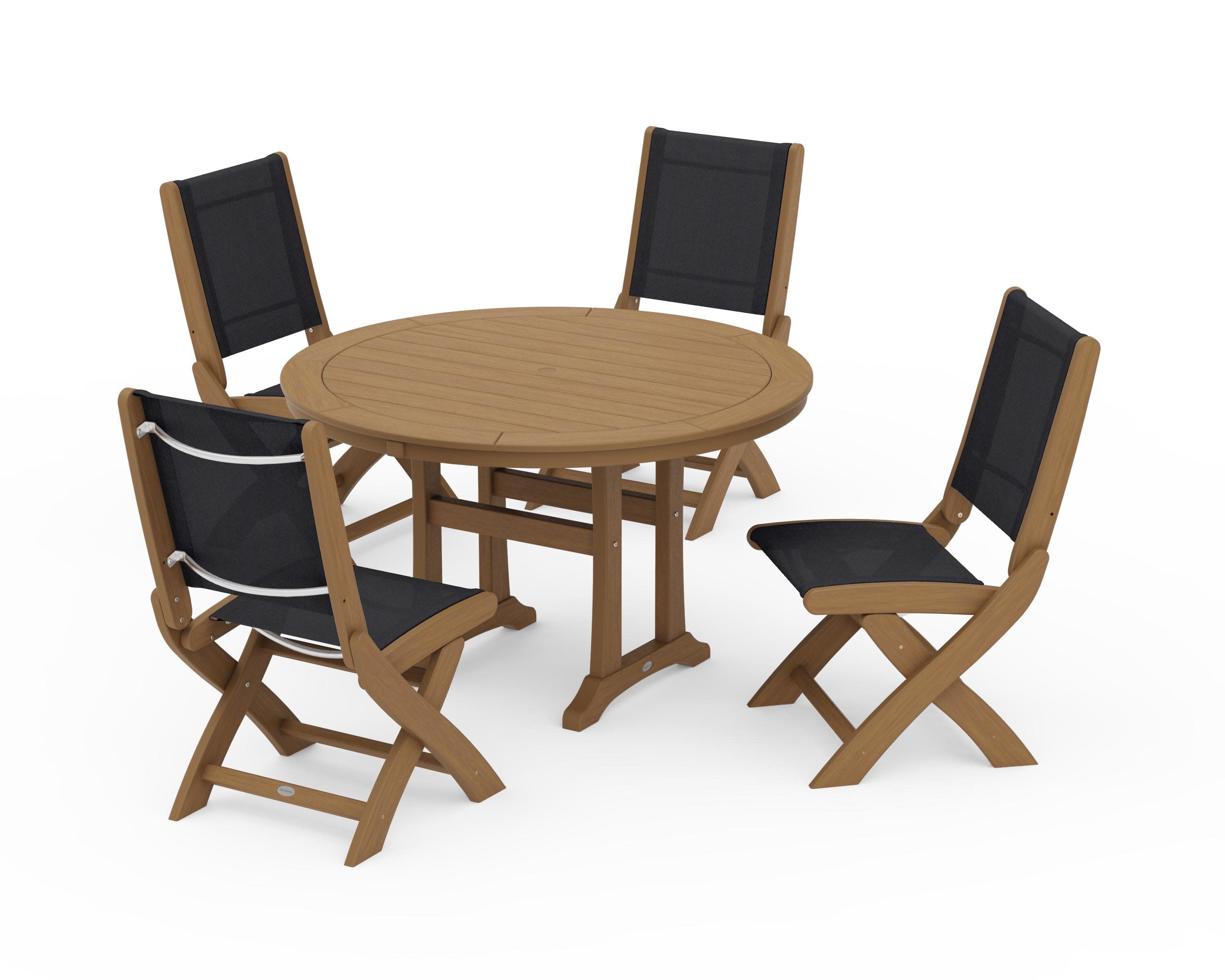 Coastal Folding Side Chair 5-Piece Round Dining Set With Trestle Legs in Natural / Black Sling