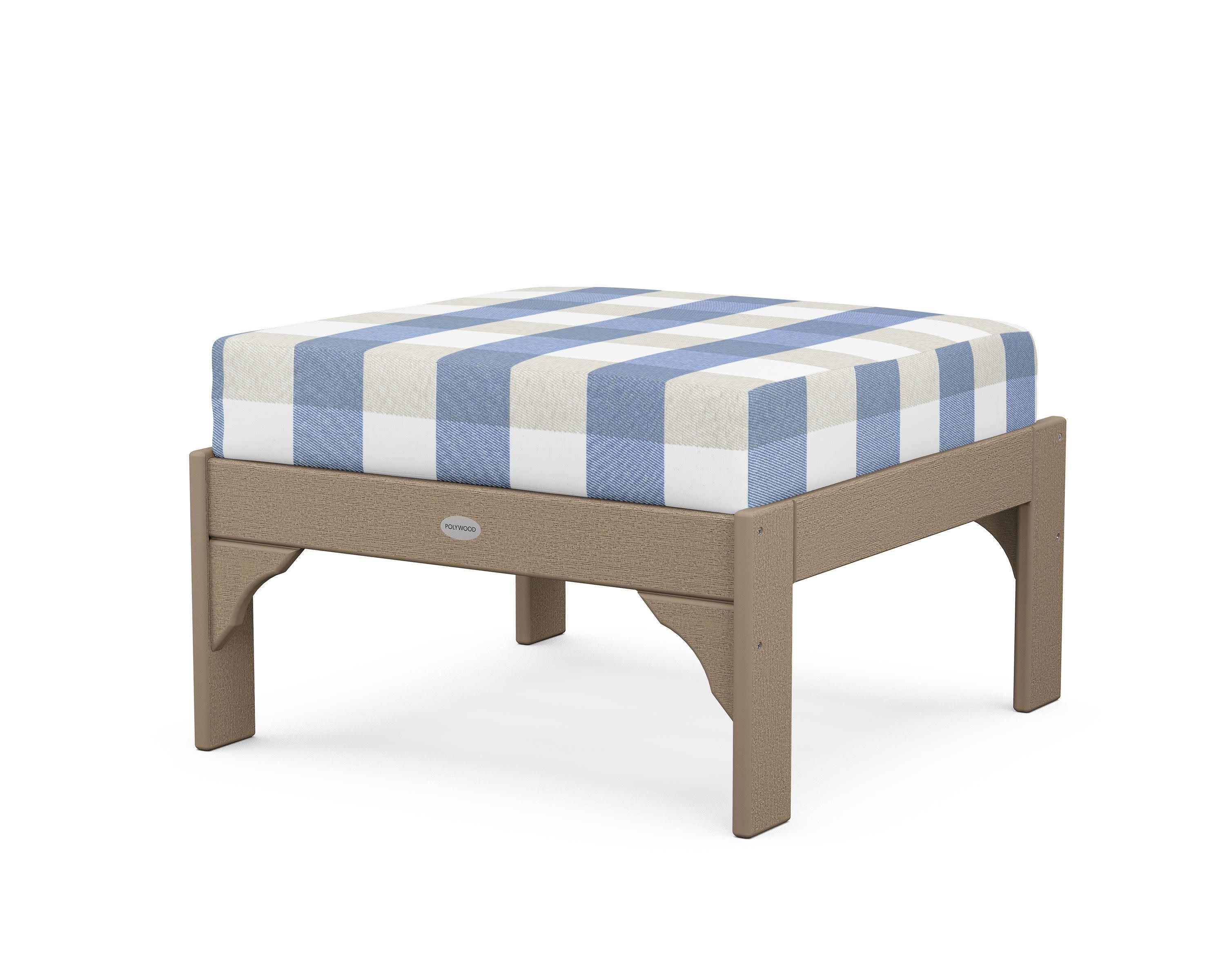 Vineyard Deep Seating Ottoman in Vintage Sahara / Buffalo Plaid Sky Blue