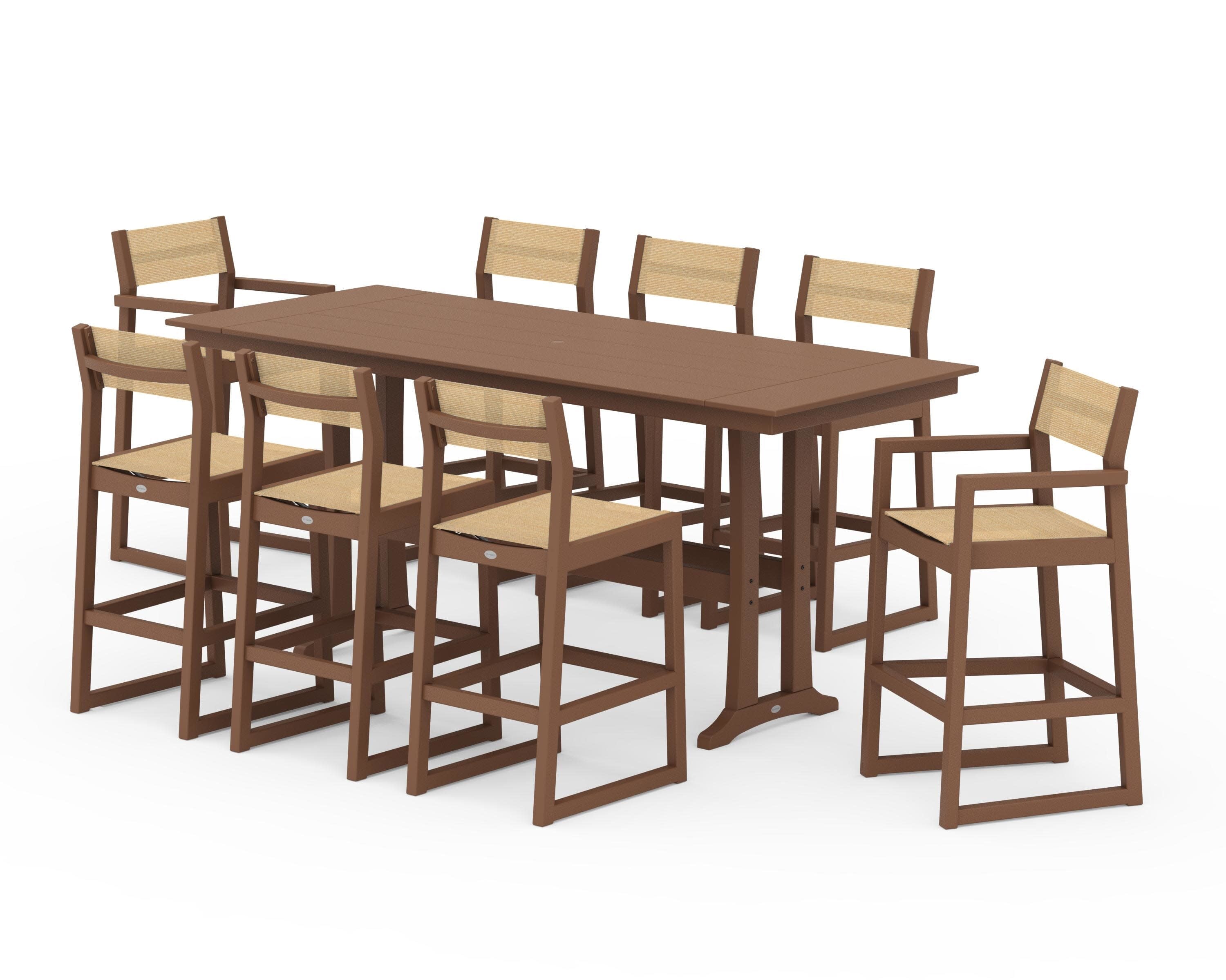 EDGE Sling 9-Piece Farmhouse Bar Set with Trestle Legs in Teak / Dupioni Apricot Sling