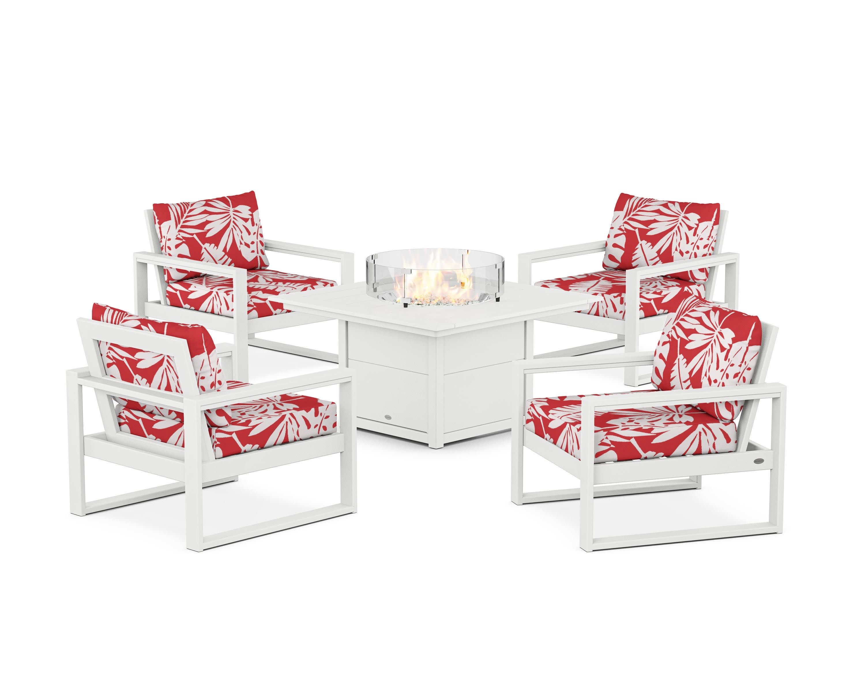 EDGE Sectional 5-Piece Deep Seating Set with Fire Pit Table in White / Leaf Crimson