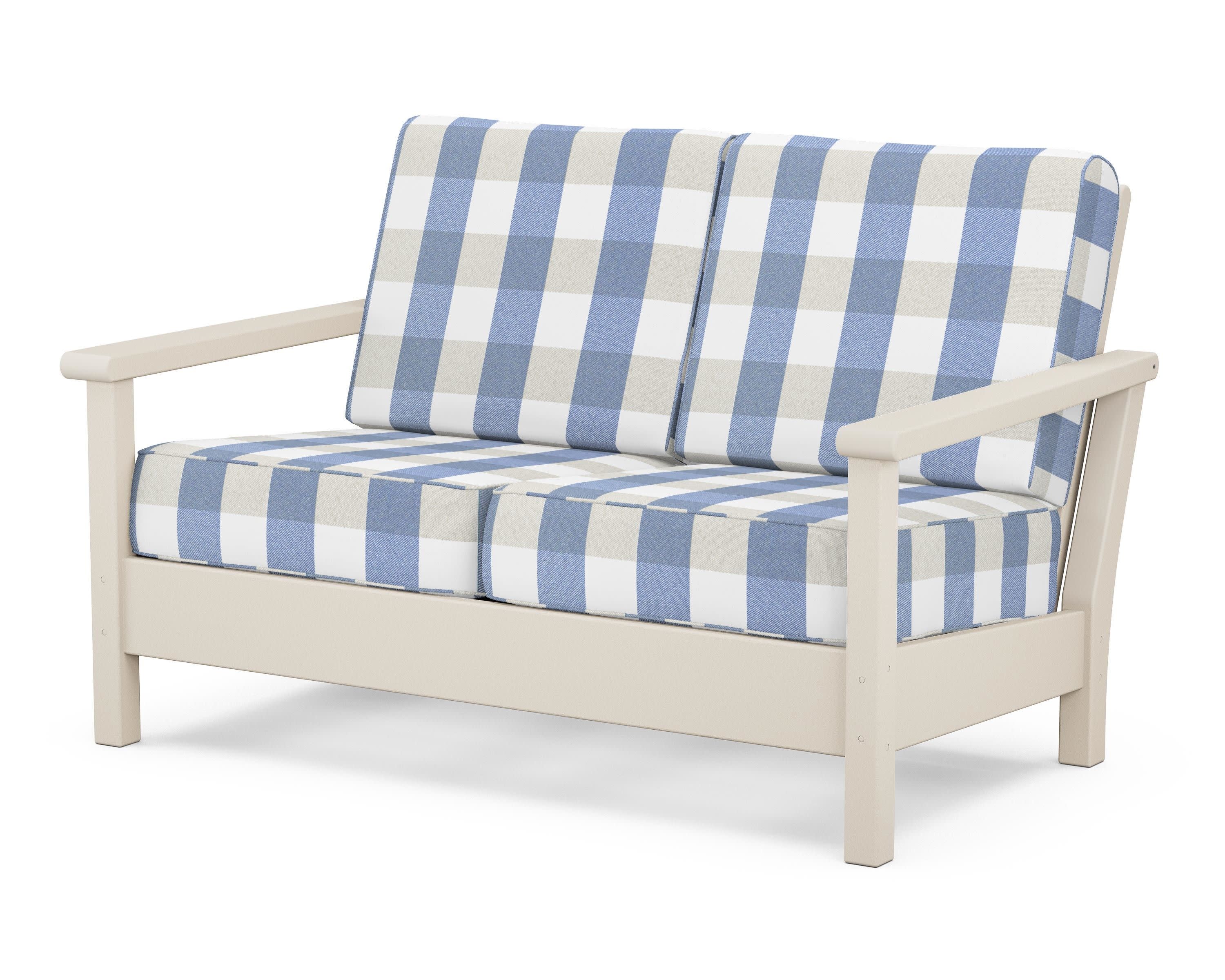 Harbour Deep Seating Loveseat in Sand / Buffalo Plaid Sky Blue