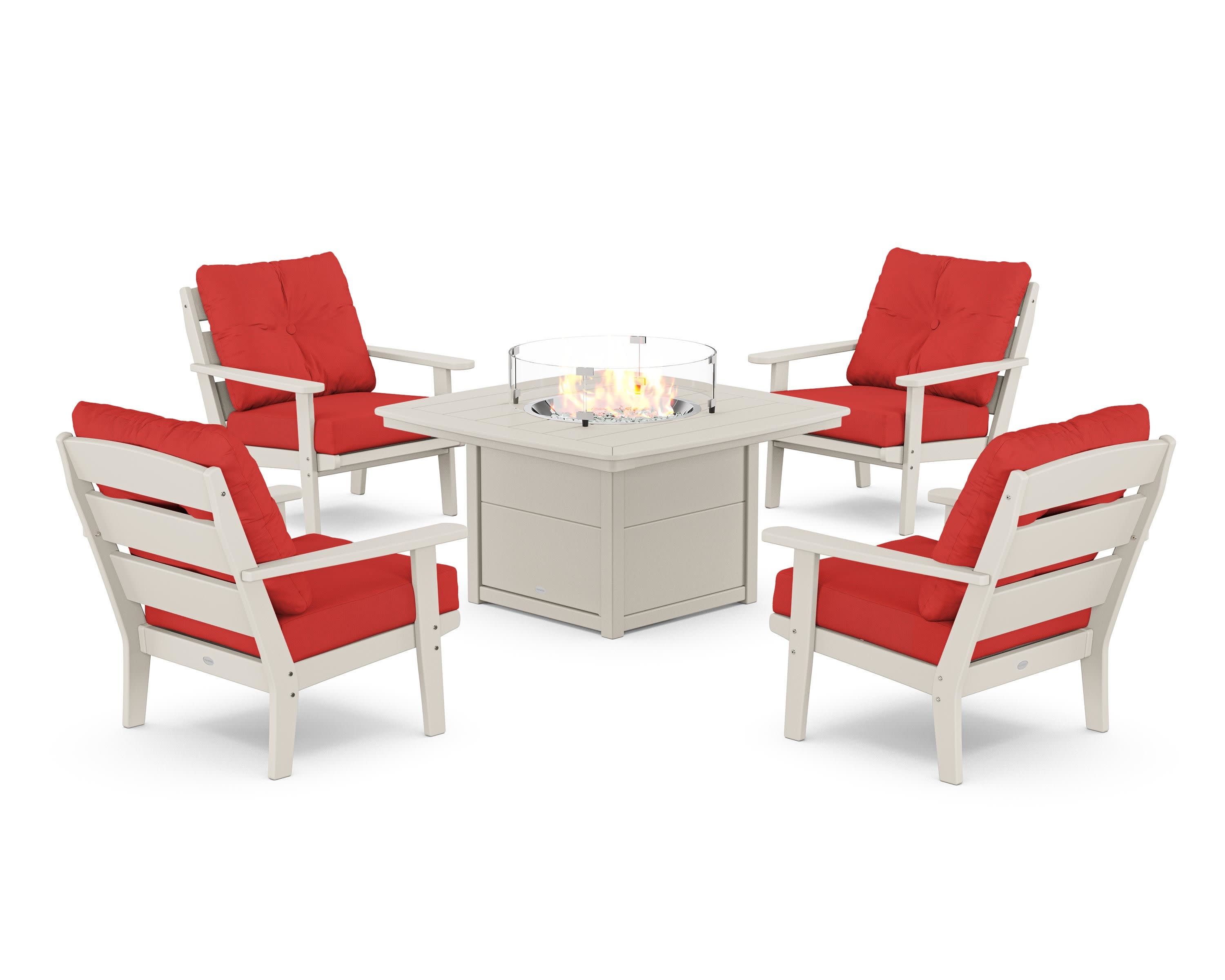 Lakeside 5-Piece Deep Seating Set with Nautical Fire Pit Table in Sand / Crimson Linen