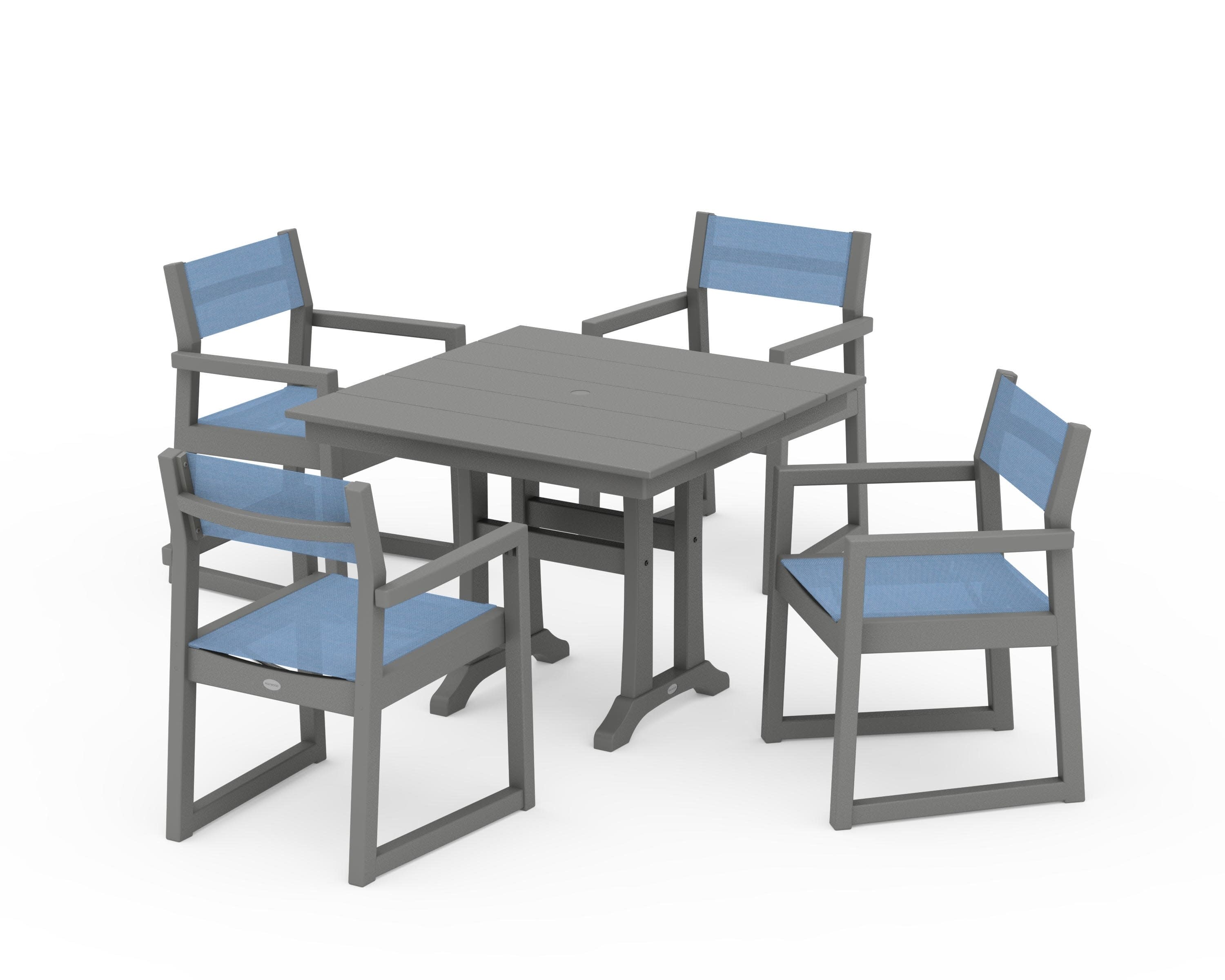 EDGE Sling 5-Piece Farmhouse Dining Set with Trestle Legs in Slate Grey / Poolside Sling